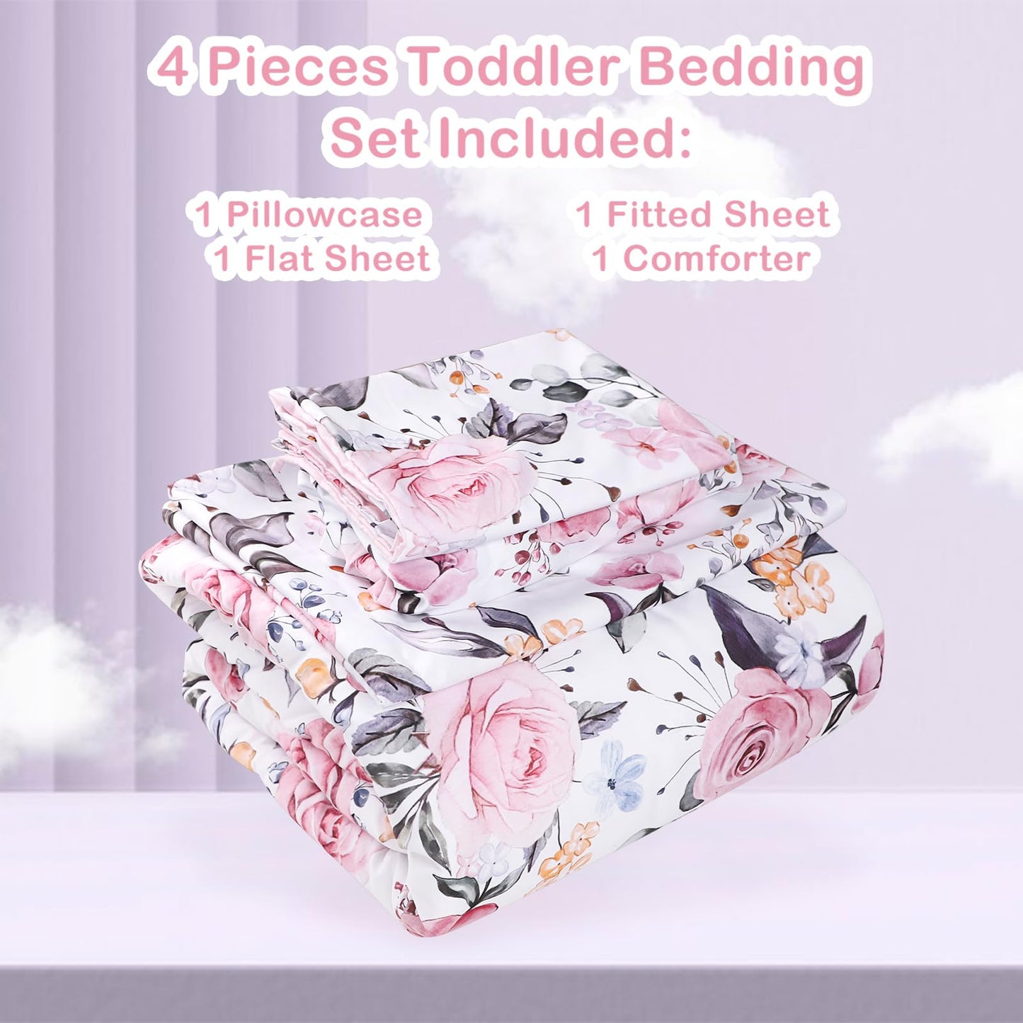 Pea Pod Toddler Bedding Set for Girls, 4 Piece Soft & Breathable Floral Crib Bedding Set, Bed-in-A-Bag Toddler Microfiber Sheet Set, Includes Comforter, Flat Sheet, Fitted Sheet, Pillowcase, Pink