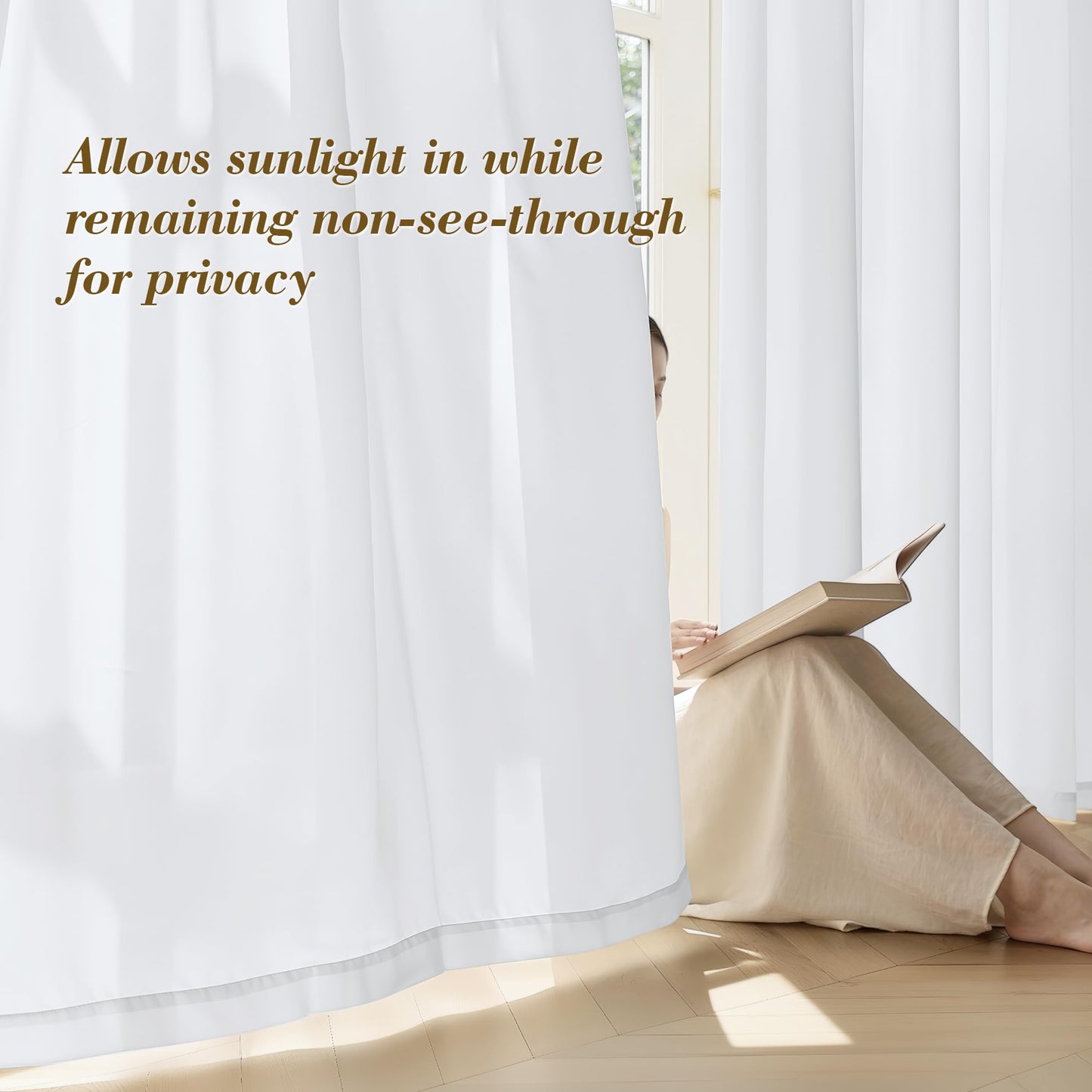 FMFUNCTEX Sheer Non-See-Through White Curtains for Bedroom, Faux Silk that Let Light Curtains 84 inches Long Light Filtering Privacy Sheer Window Drapes for Living Room, Rod Pocket 2 Panels Set
