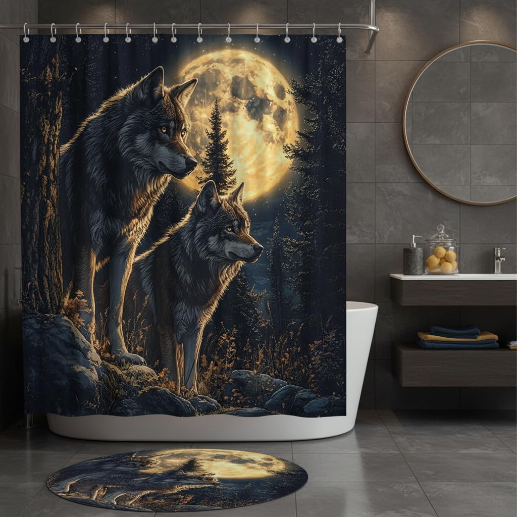 Wolf Shower Curtain Wild Animal Stand Under Super Moon Black Grey Starry Pine Tree Misty Forest Safari Country Hunting Theme Bathroom Polyester Curtains Set with Hooks 70x70 Inch