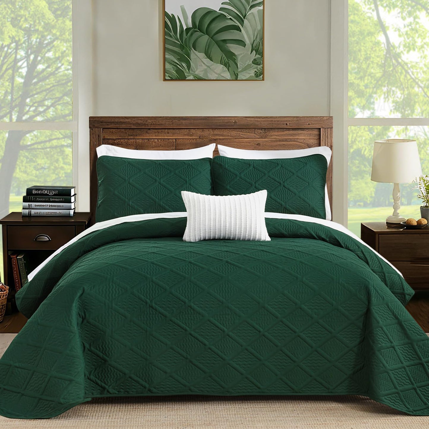 Yiran Quilts Queen Size, Emerald Green Spring Summer Bedspread Bedding Set, 3 Pieces Diamond Pattern Lightweight Microfiber Coverlet with 2 Pillow Shams for All Season 96x90 Inch