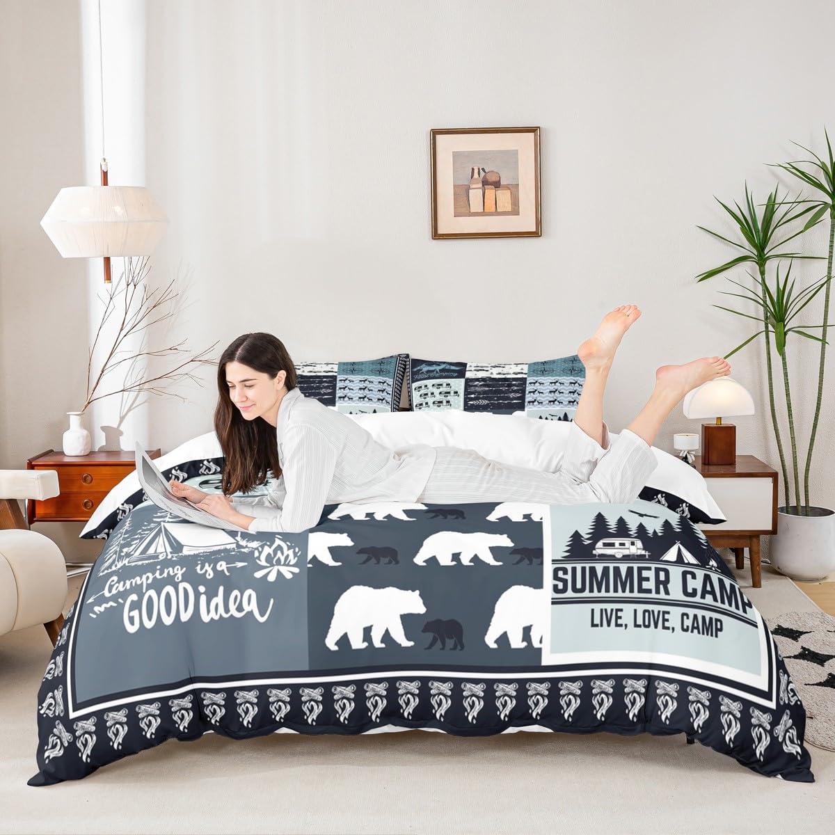 Camping Camper Duvet Cover Set Queen,Classic Lattice Bedding Set 3pcs for Kids Teens Adults Room Decor,Bear Deer Wild Animal Comforter Cover Rustic Farmhouse Blue Quilt Cover with 2 Pillowcases