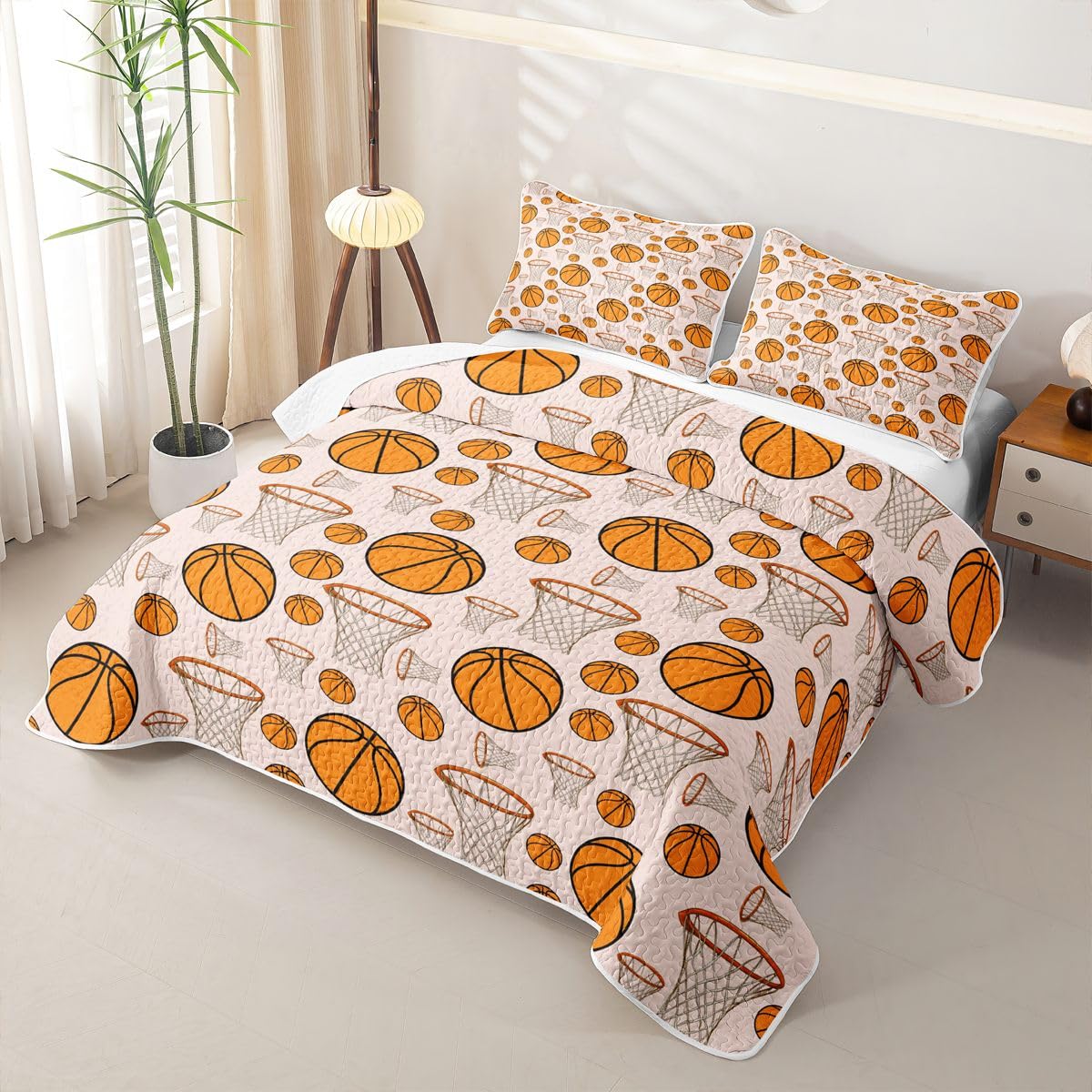 Feelyou Basketball 3 Piece Quilt Set King Gaming Sports Bedding Set Microfiber Lightweight Ball Games Bedspread Coverlet with 2 Pillowcases Gift for Basketball Lover Bed Covers for All Season
