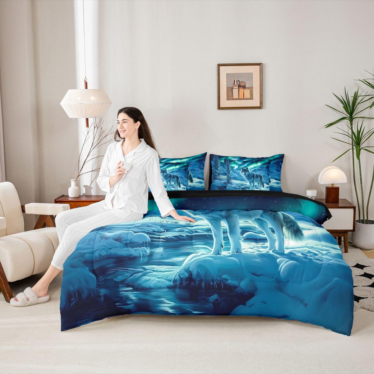 Feelyou Wolf Comforter Set with Sheets 7 Piece Queen Size Wolves Howling Bed in a Bag Kids Boys Girls Western Farmhouse Bedding Set Wild Animal Bedroom Decor Breathable Soft Microfiber