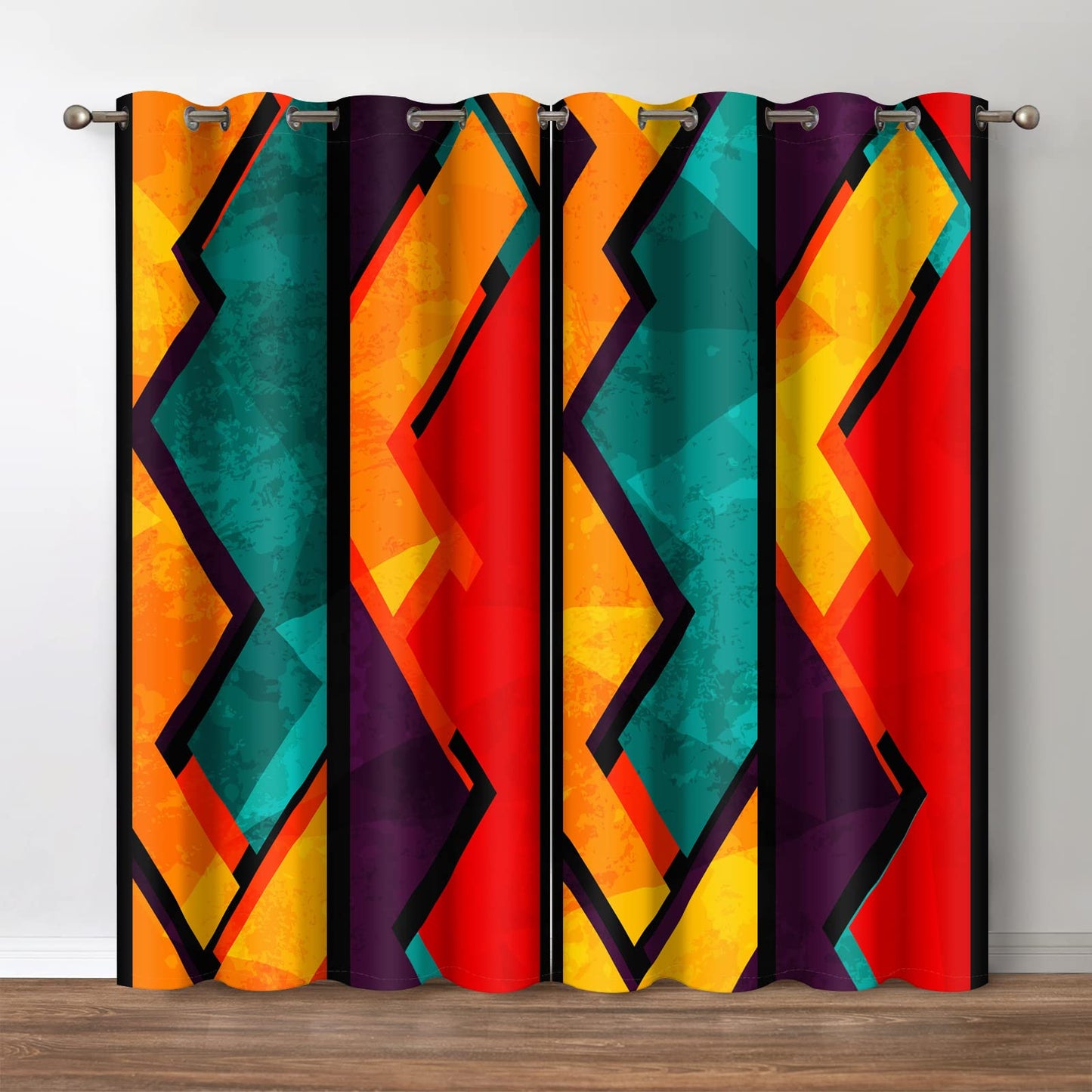 Jekeno Geometric Patterns Blackout Curtains - Colorful Pop Art Style Rainbow Grid Grommet Top Drapes Decor Bedroom Apartment Living Room Darkening Privacy Window Treatments 2 Panels Set, 52"x 84"