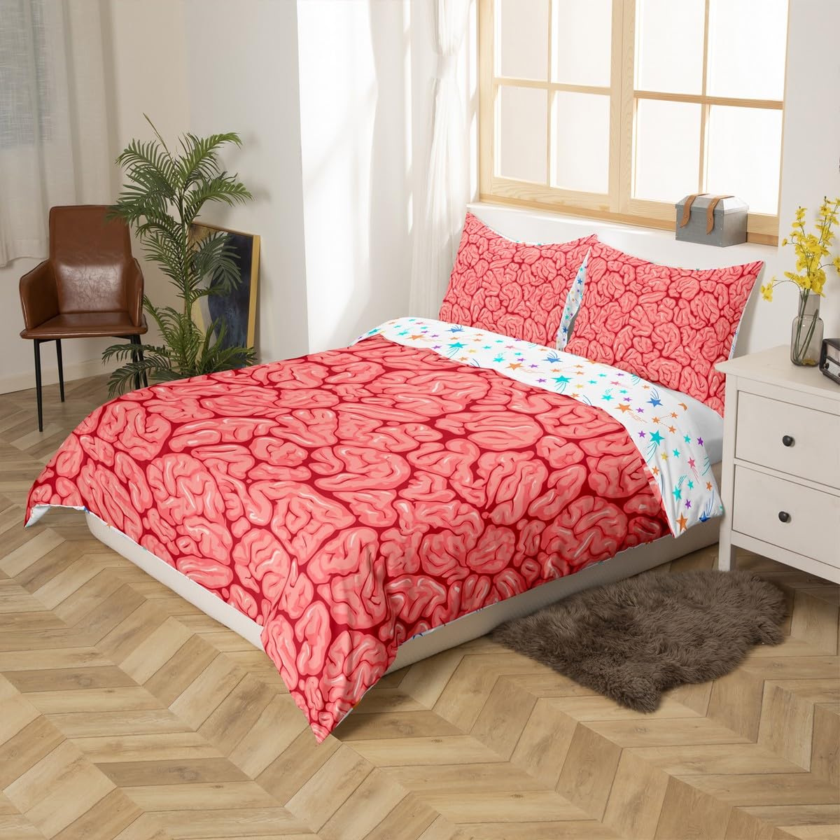 Feelyou Halloween Theme Bedding Set Queen Size Kids Pink Comforter Cover Set for Boys Girls Teens Brain Design Duvet Cover Human Brain Bedspread Cover（No Comforter