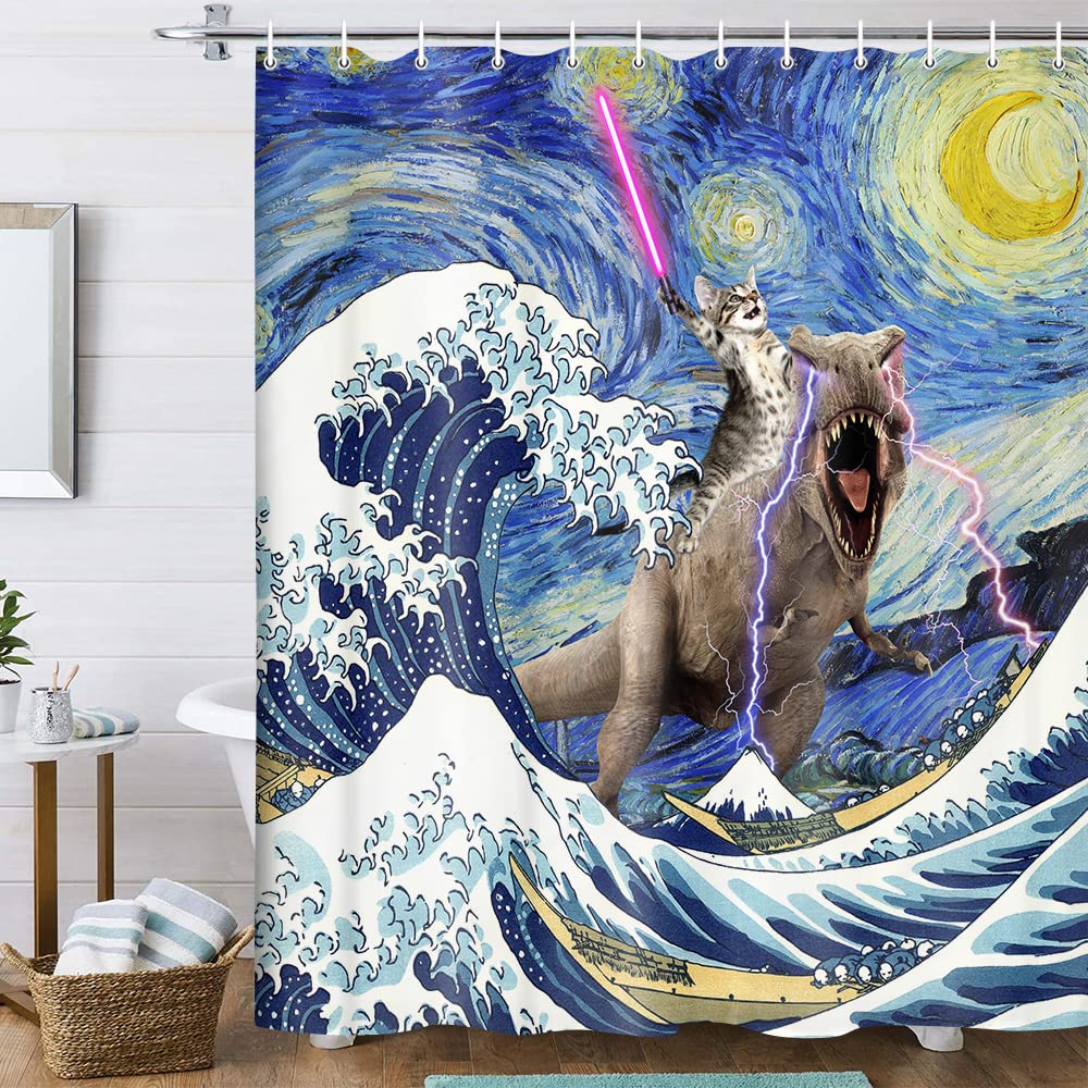 Xguatan Funny Cat Shower Curtain, Cool Dinosaur Cat in Japanese Kanagawa Waves Shower Curtain for Bathroom, Blue Ocean Fabric Hilarious Anime Shower Curtain Set with 12PCS Hooks, 60X70IN
