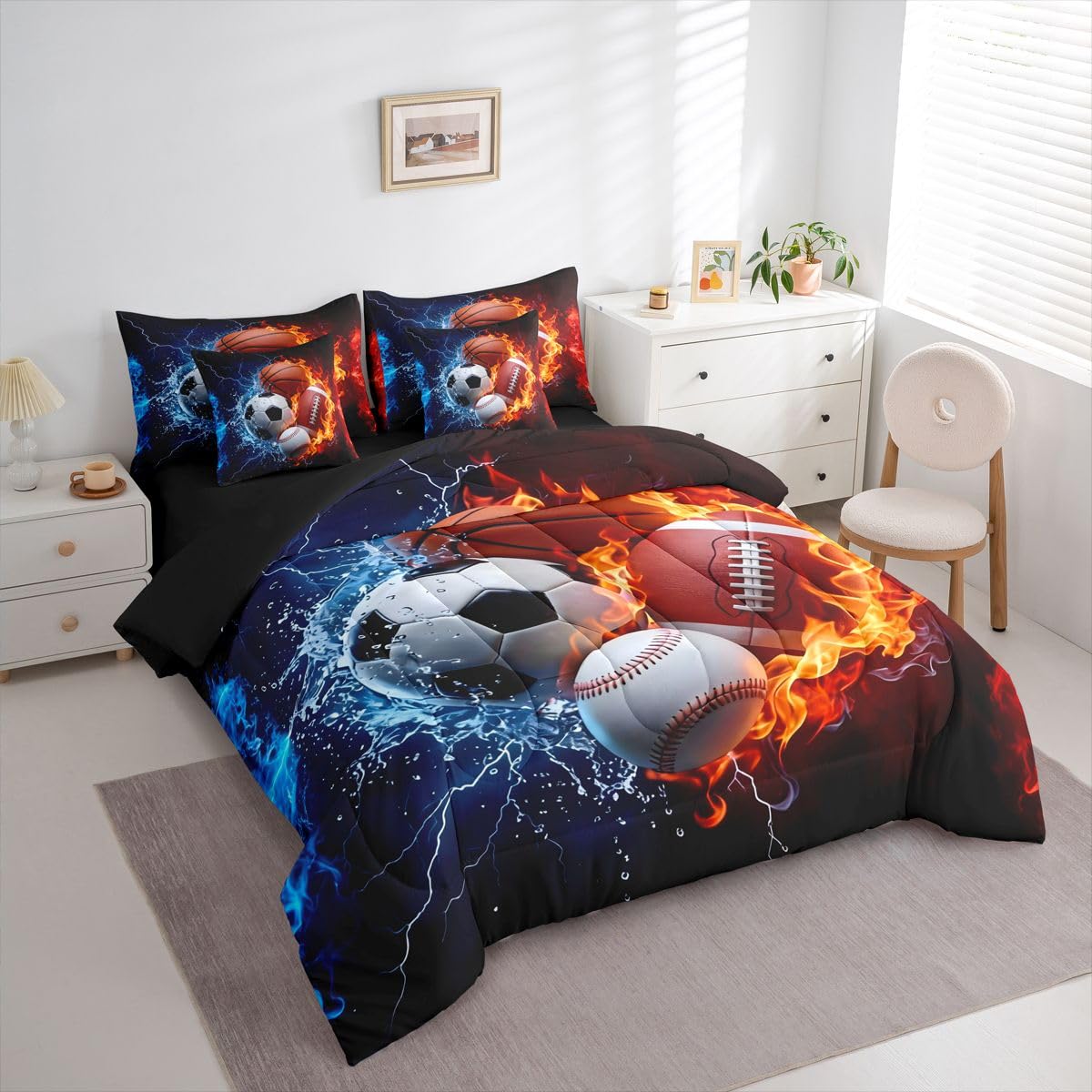Feelyou Boys Sports Comforter Set with Sheets 7 Piece Twin Size Football Baseball Soccer Bed in a Bag Kids Boys Girls Basketball Bedding Set Ball Game Sports Bedroom Decor Breathable Soft Microfiber