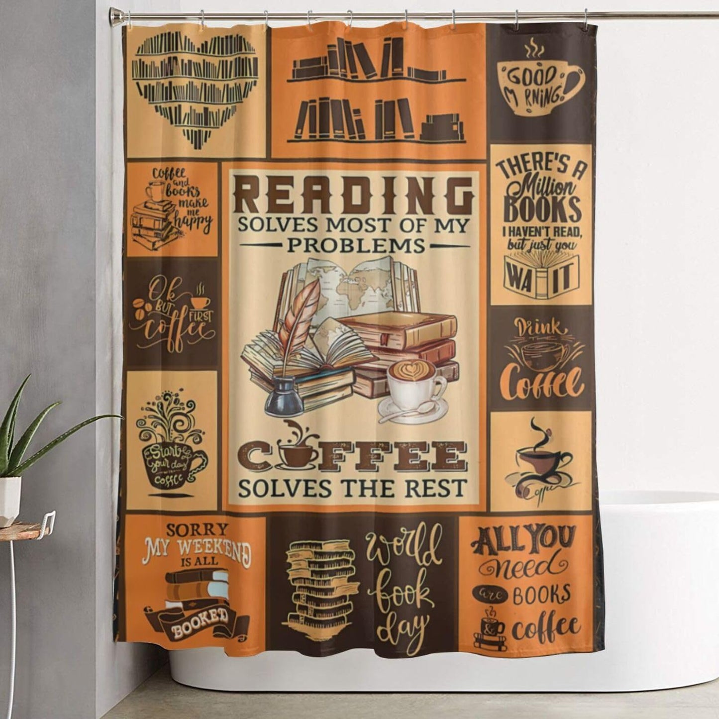 noasqll Reading Solves Most of My Problems Coffee The Restof You Shower Curtain 60 X 72 Inch Waterproof Shower Curtain Set Bathroom Curtain Decor with 12 Hooks