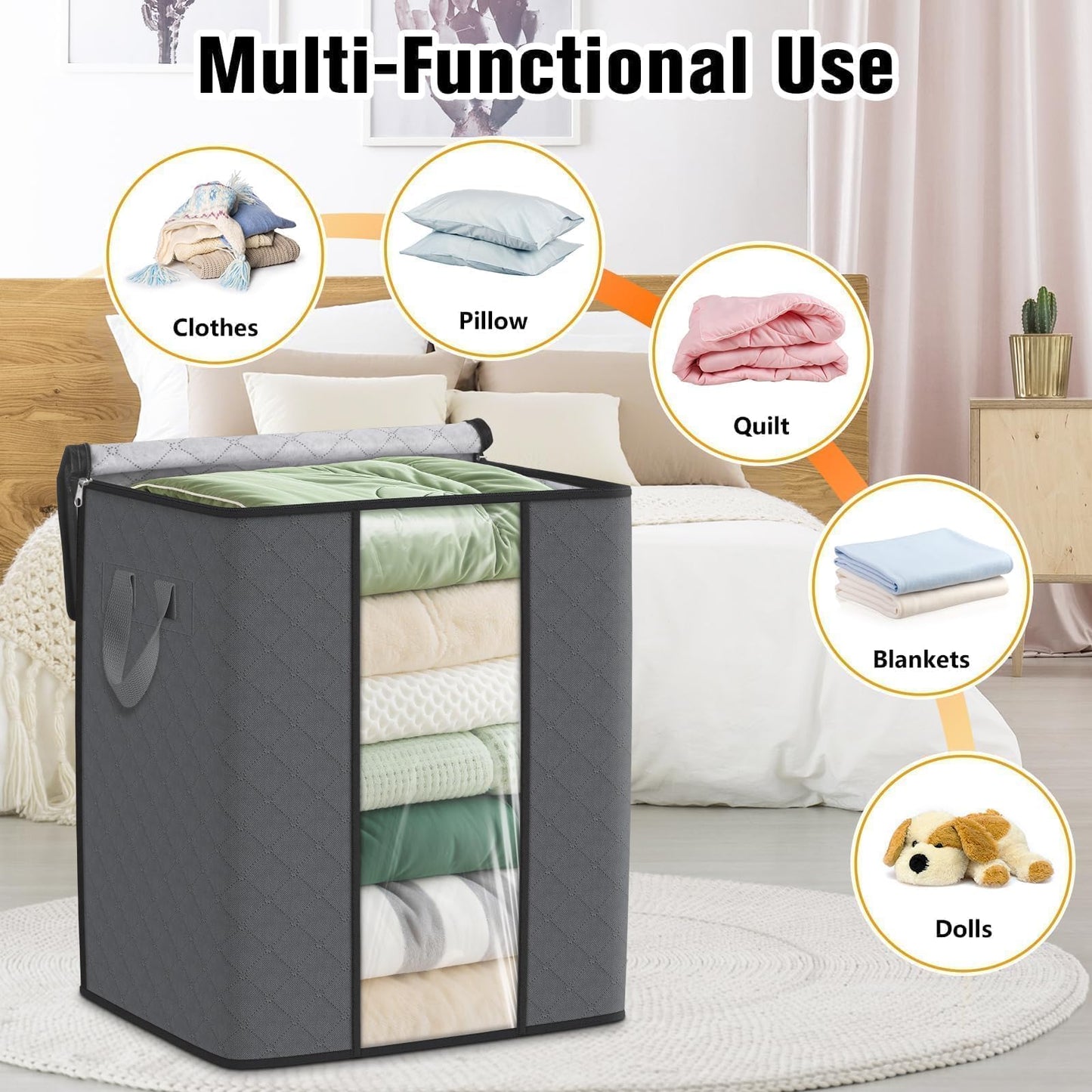SpaceTrove Clothes Storage Bags, 6-Pack Comforter Blanket Organizers, 80L Large Capacity Containers with Visual Window for Clothing, Quilt, Sheet, Pillow, Closet Organization for Bedding (Grey)