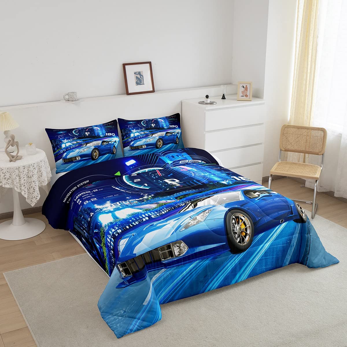 Feelyou Boys Sports Car Comforter Set for Kids - Extreme Sports Bedding Set with 1 Comforter and 1 Pillowcase, Twin Size, Blue