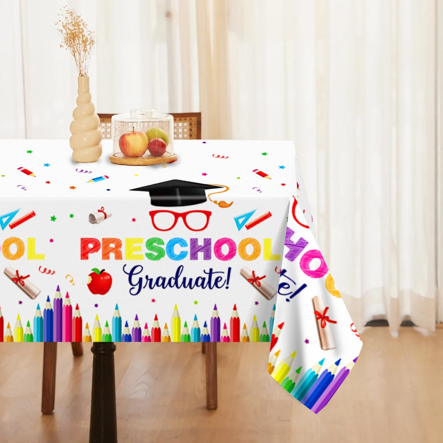 CC HOME 1Pc Preschool Graduation Party Plastic Tablecloth 54 x 87 Inch Long Table Cover, Colorful Crayon Party Tablecover for Graduate Theme Kids Baby Shower Birthday Dinner Picnic Kitchen Event