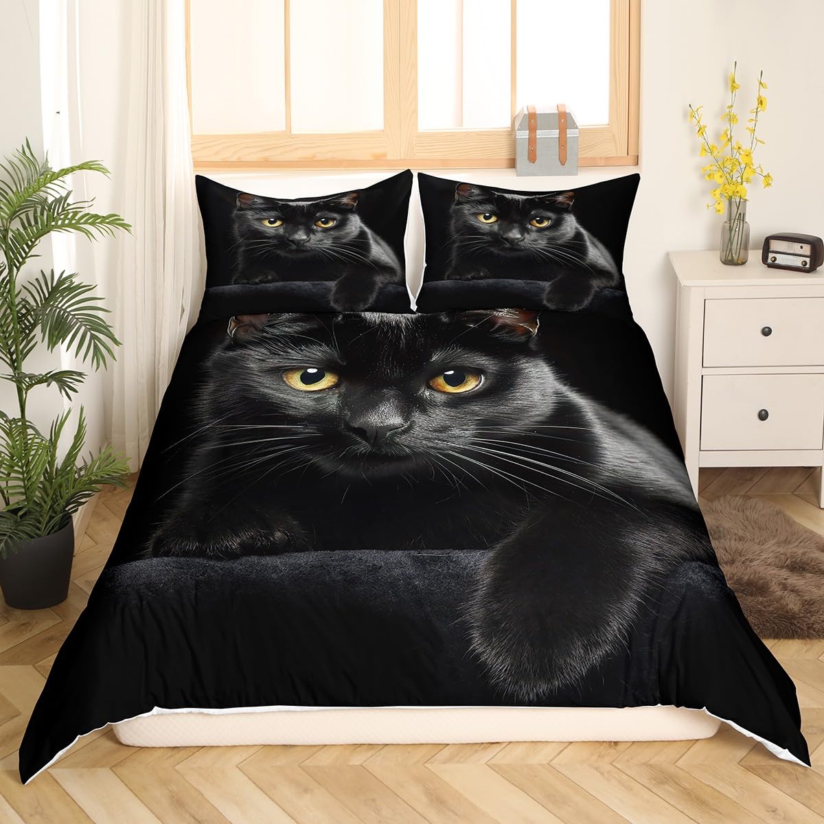 Cat Comforter Cover Pet Cats Pattern Bedding Set Cute Kitten Duvet Cover for Children Kids Boys Girls Lightweight Microfiber Mysterious Black Cat Bedspread Cover Decor 3Pcs Bedclothes Queen Size