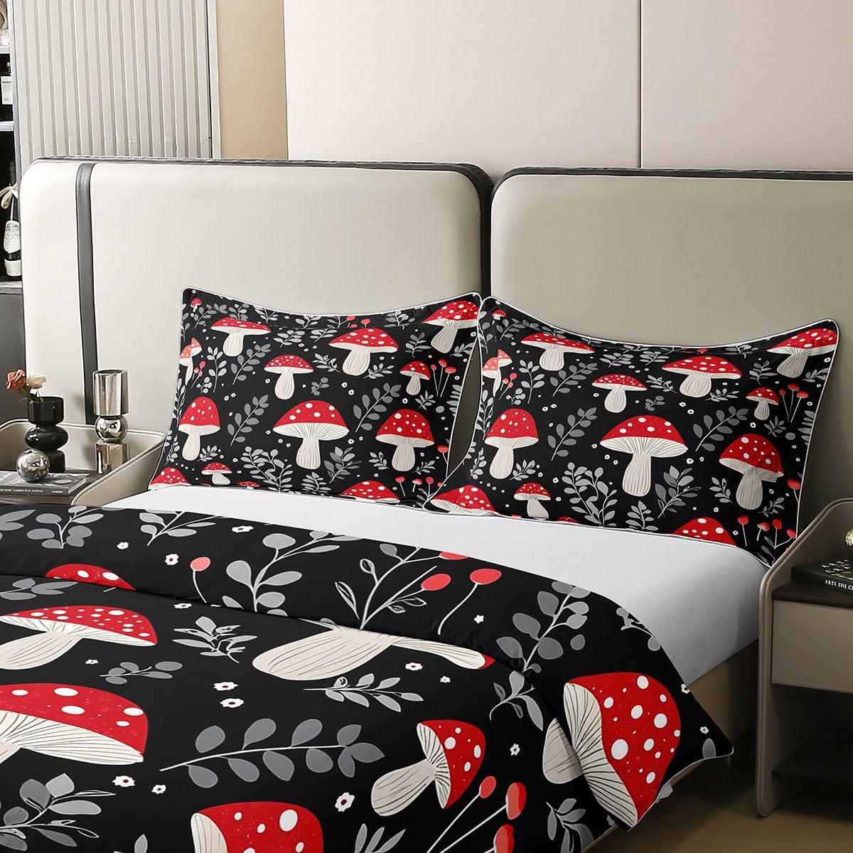 100% Cotton Cute Mushroom Duvet Cover Queen, Cartoon Botanical Plants Bedding Set for Kids Girls Boys, Kawaii Black Red Comforter Cover, Mushrooms Natural Wild Fungus Bedroom Decor Quilt Cover
