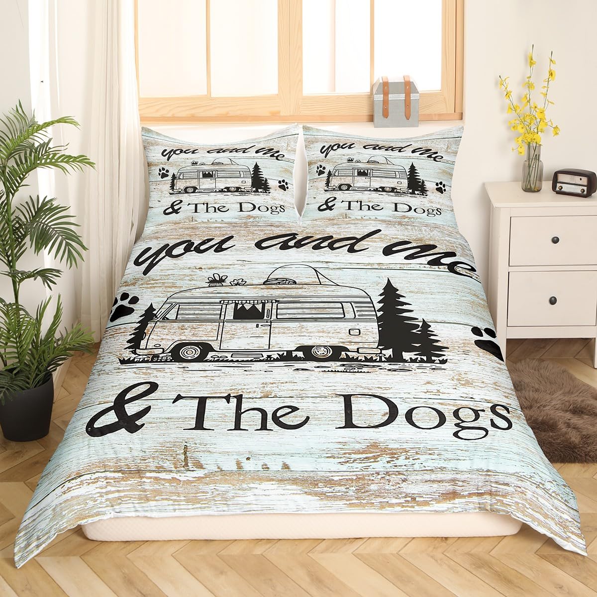 Happy Camping Duvet Cover Set Queen Size, Camper Truck Bedding Set 3pcs for Kids Boy Girls, Adventure Theme Dog Lover Comforter Cover Rustic Farmhouse Quilt Cover with 2 Pillowcases,No Comforter