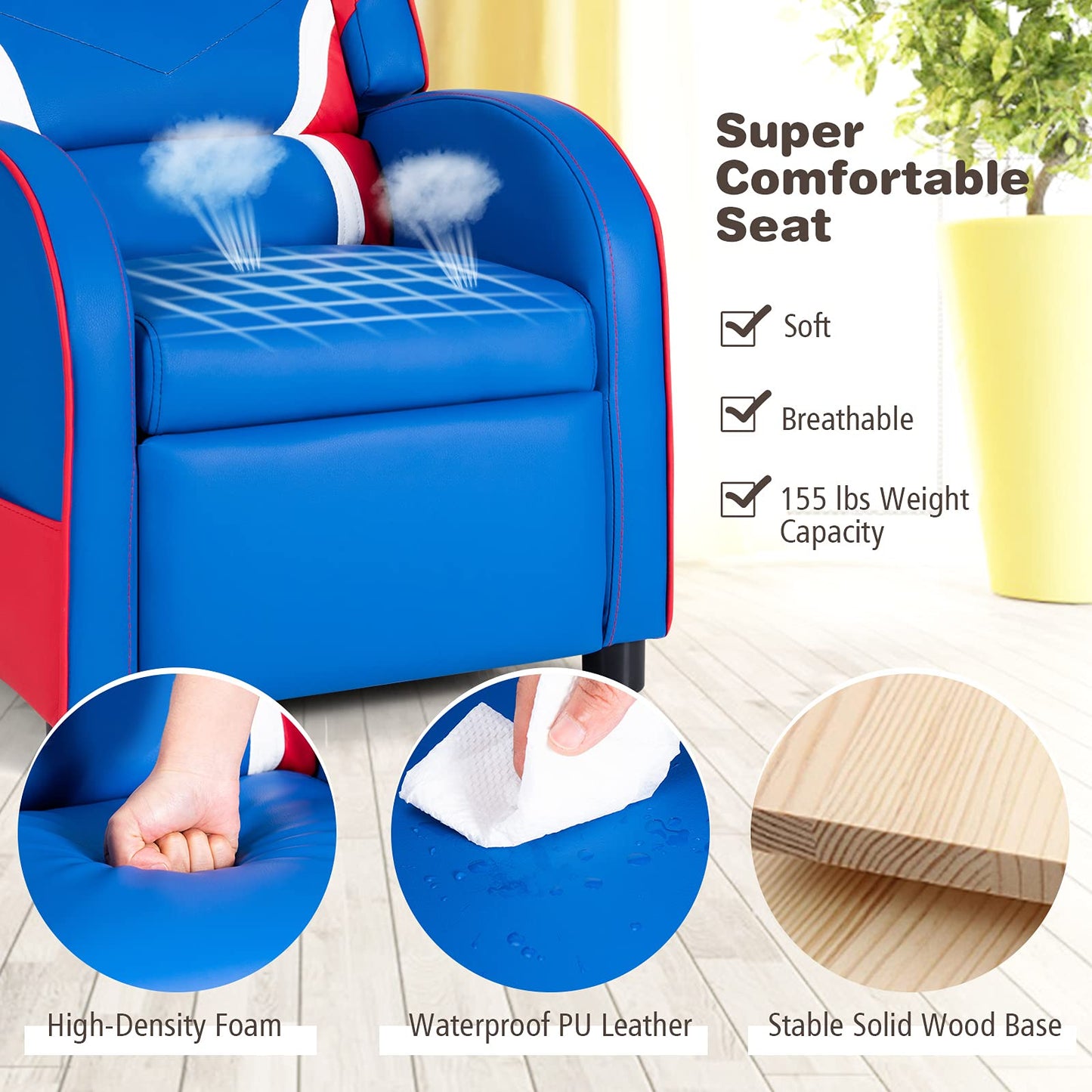Costzon Kids Recliner, Gaming Recliner Chair w/Footrest, Headrest, Lumbar Support & Side Pockets, Ergonomic Leather Lounge Chair for Living & Gaming Room, Adjustable Recliner Sofa for Boys Girls, Blue