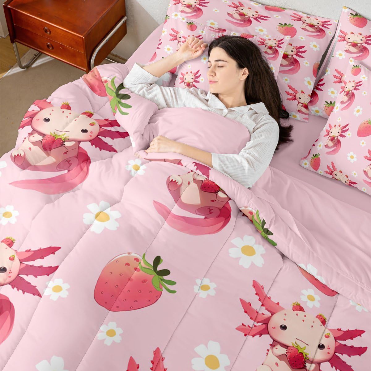 Erosebridal Strawberry Axolotl Queen Comforter Set Cute Pink Axolotl Bed in a Bag for Kids Girls Teens Cute Daisy Flower 7-Piece Bedding Set Kawaii Sea Animal Quilt Duvet Sets with Floral Design