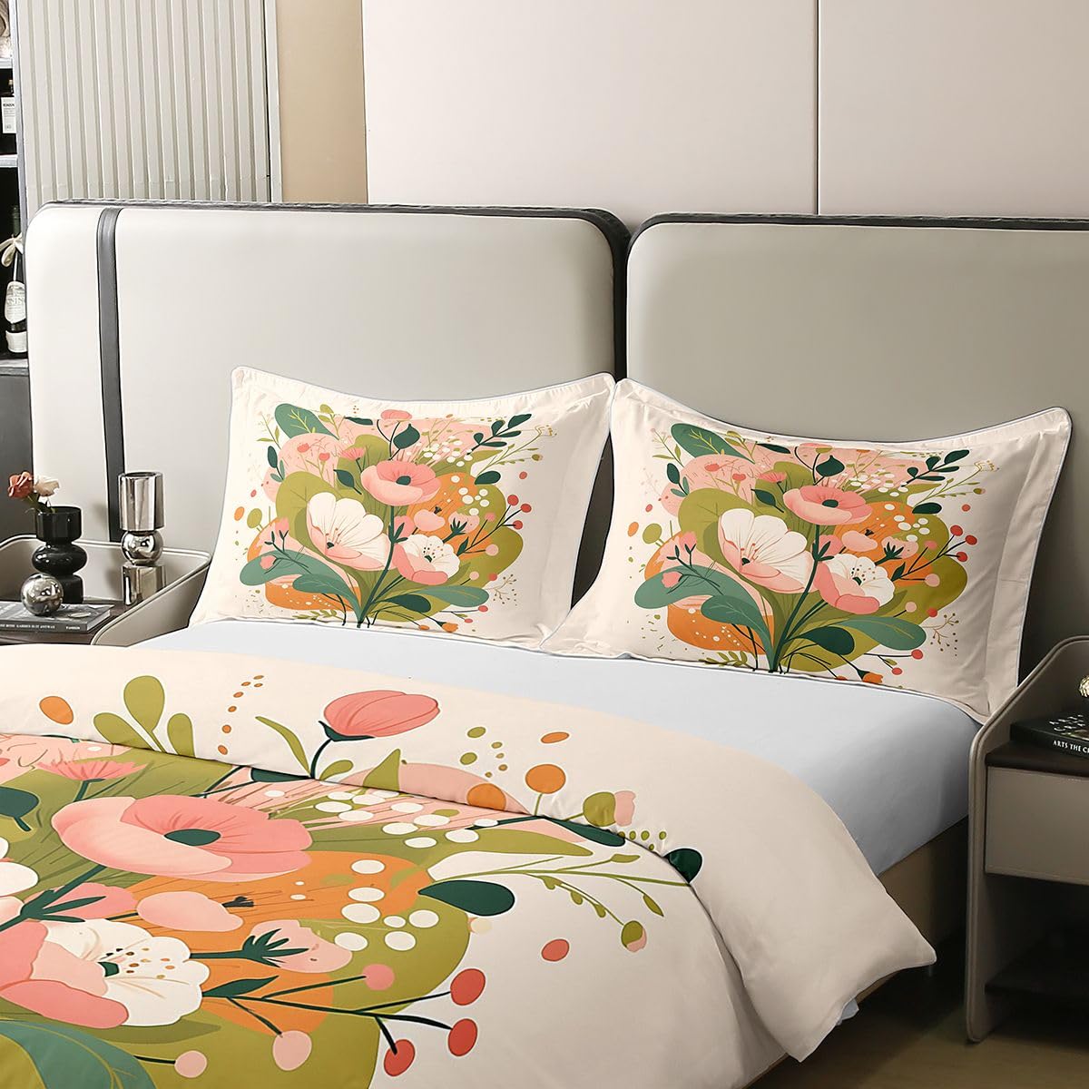 Erosebridal Pink Floral 100% Cotton Duvet Cover Full Flower Blossoms Bedding Set for Kids Girls Boys Adults Spring Leaf Floral Comforter Cover Beige Pink Bedclothes 3 Pcs
