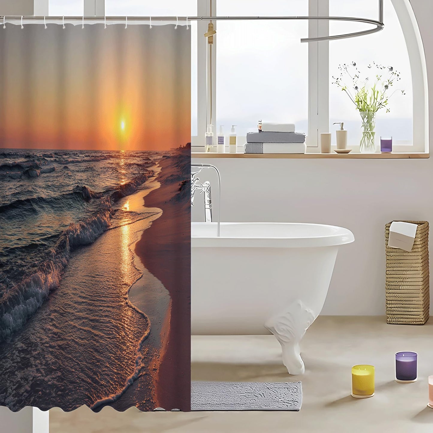ZROLUW Ocean Beach Shower Curtain -72" W x 72" L Sunset Waves Nature Landscape Water Repellent Shower Curtain Set, Machine Washable, Modern Decorative Polyester Cloth Shower Curtains for Bathroom