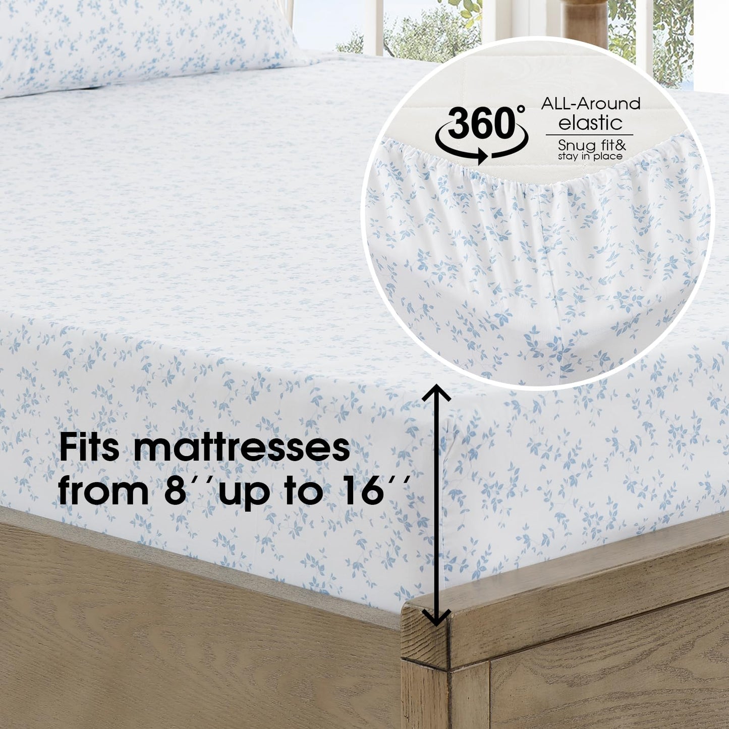 FreshCulture Floral Bed Sheets - Ultra Soft King Size Sheets Set - Brushed Microfiber Blue Floral Sheets - Deep Pockets - Easy Care - Hotel Luxury 4 Piece Flower Printed Sheets King, Lille