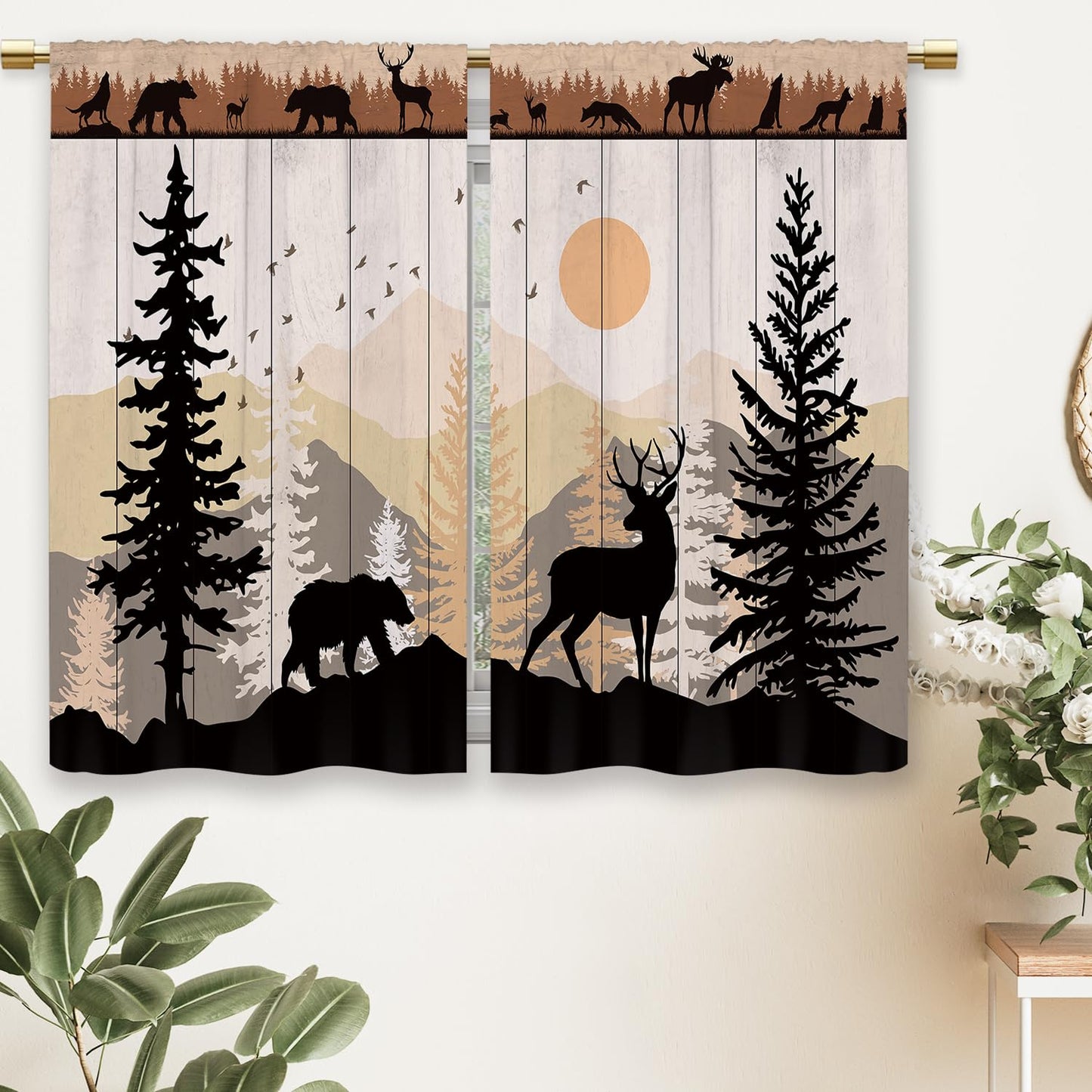 Laifzere Farmhouse Forest Cabin Kitchen Curtains Rustic Wooden Small Short Cafe Window Curtains Tree Country Deer Bear Rod Pocket Bathroom Window Drapes Treatment Tier Curtains 2 Panels (27.5x39 Inch)