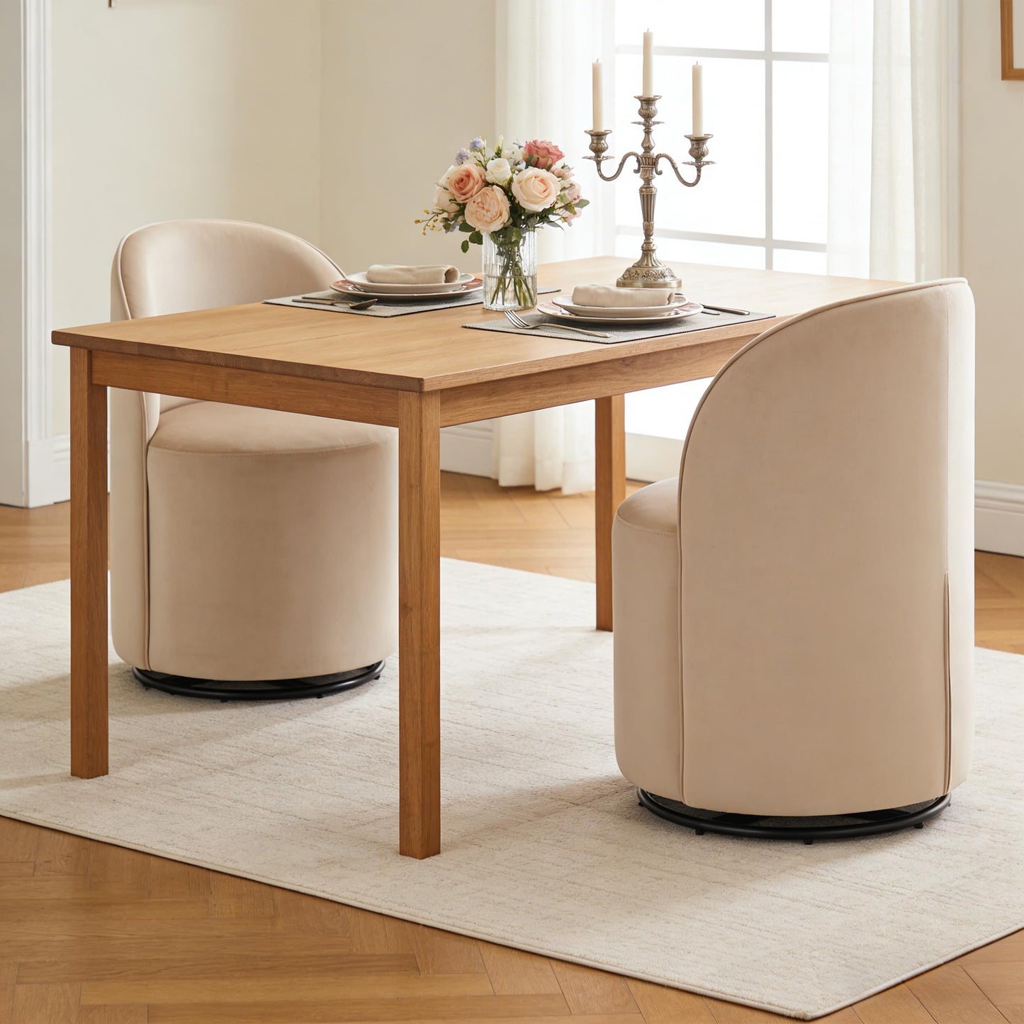 Orirsnug Modern Swivel Dining Chair Set of 1，Velvet Upholstered Swivel Barrel Chair with 360° Rotation, Comfy Round Armless Accent Vanity Side Chair for Kitchen/Dining Living Room/Bedroom, Khaki