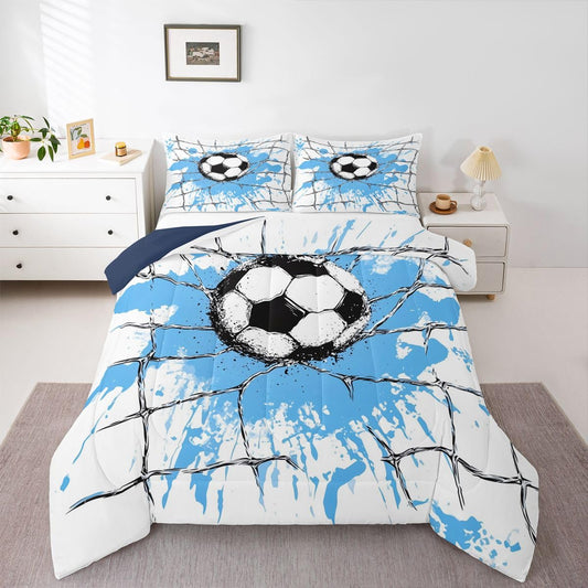 Feelyou Soccer Net Design Comforter Set Queen Size Sports Themed Bedding Set for Kids Boys Girls Vintage Soccer Duvet Quilt Bedroom Decor 3 Pcs with 2 Pillow Cases