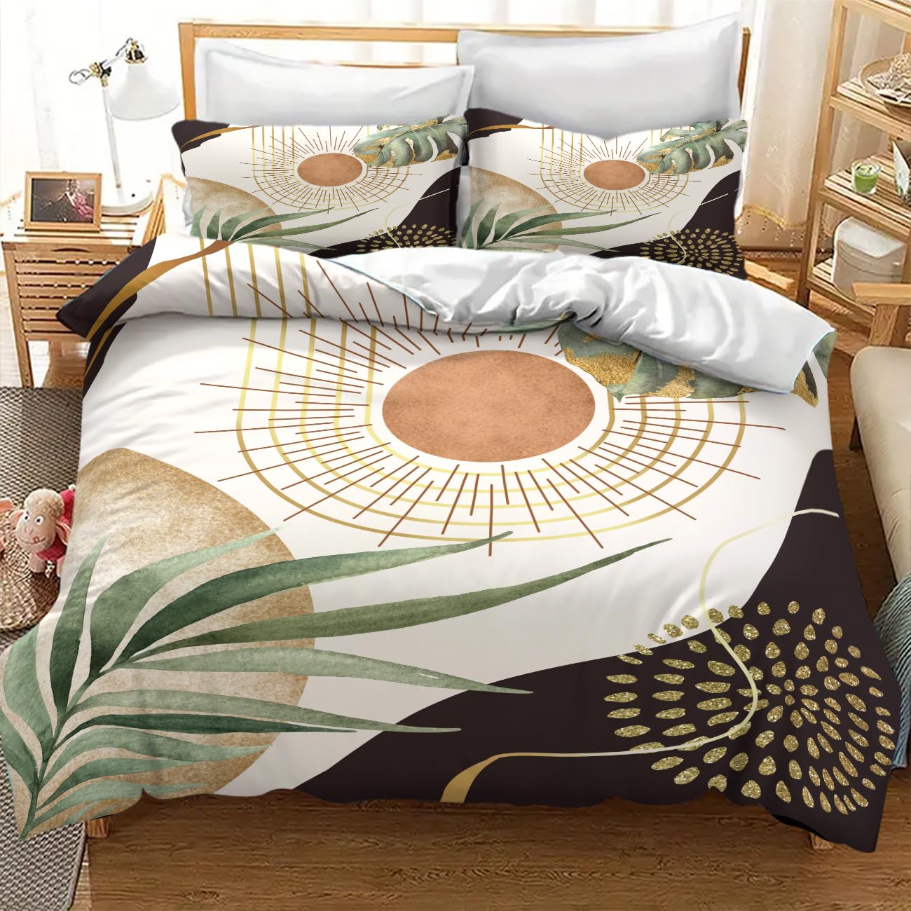 Lnepty Boho Sunrise Bedding Set,Mid Century Aesthetic Tropical Palm Leaves Abstract Minimalist Comforter Set with Pillowcase for Bedroom Bed Decor，Twin 86"x70"