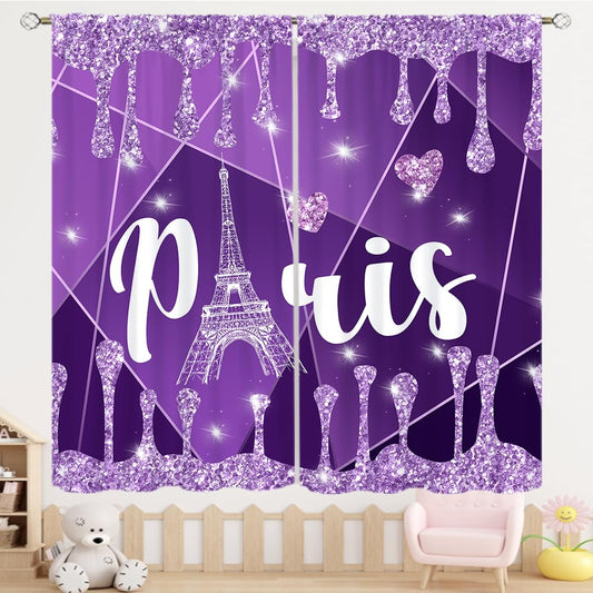 TYVGICZ Paris Modern Curtains, Diamond Decoration Eiffel Tower Abstract Lines Colorful Cityscape Romantic Window Treatments for Girls Woman Bedroom Living Room Kitchen 2 Panels, 42x45 Inch Purple