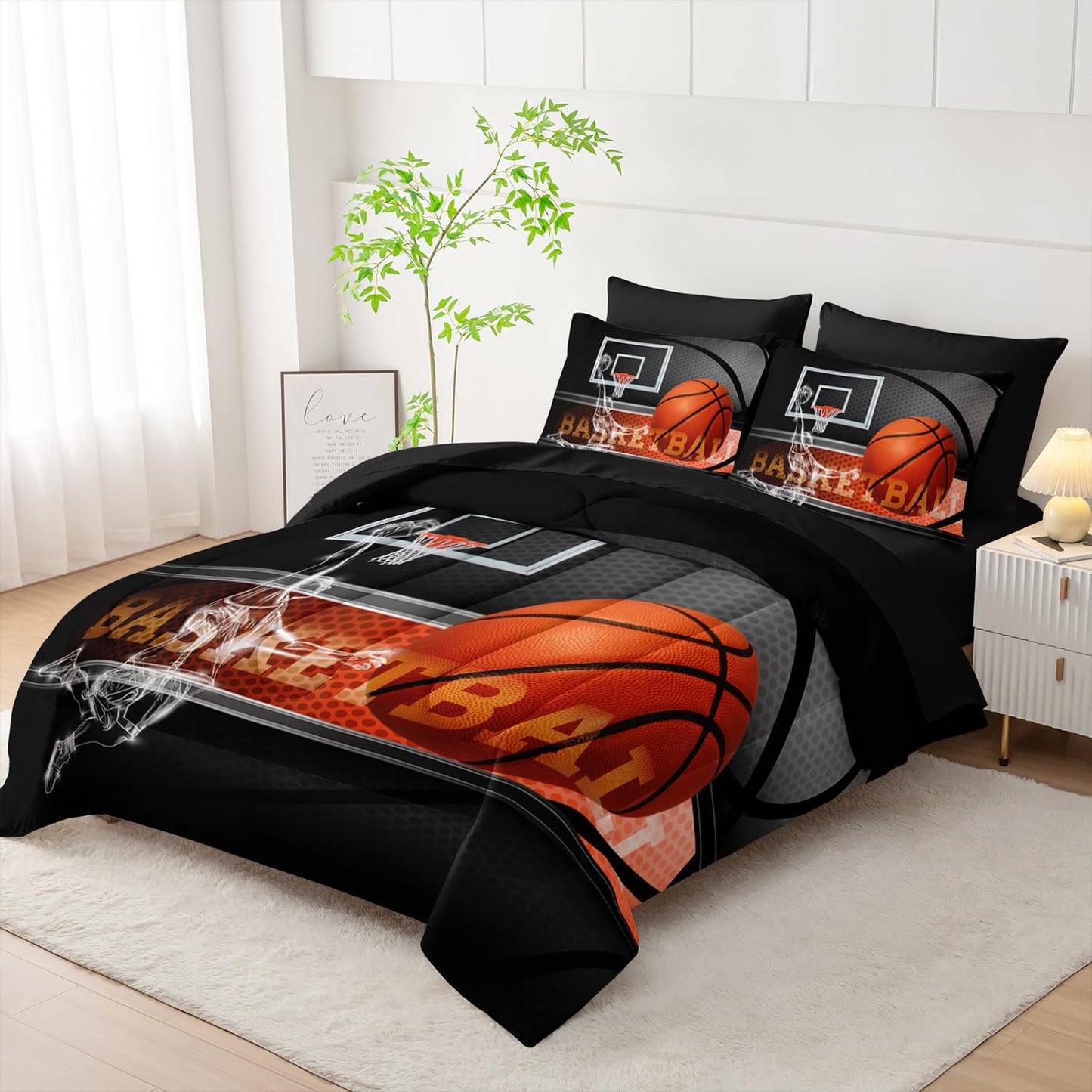 AILONEN 3D Basketball Sports Comforter Set Queen Size,7-Piece Sport Basketball Player Bed in a Bag,Comforter & Fitted Sheet with Flat Sheet & 2 Pillowcases,2 Pillow Cases for Bedroom,Soft Microfiber