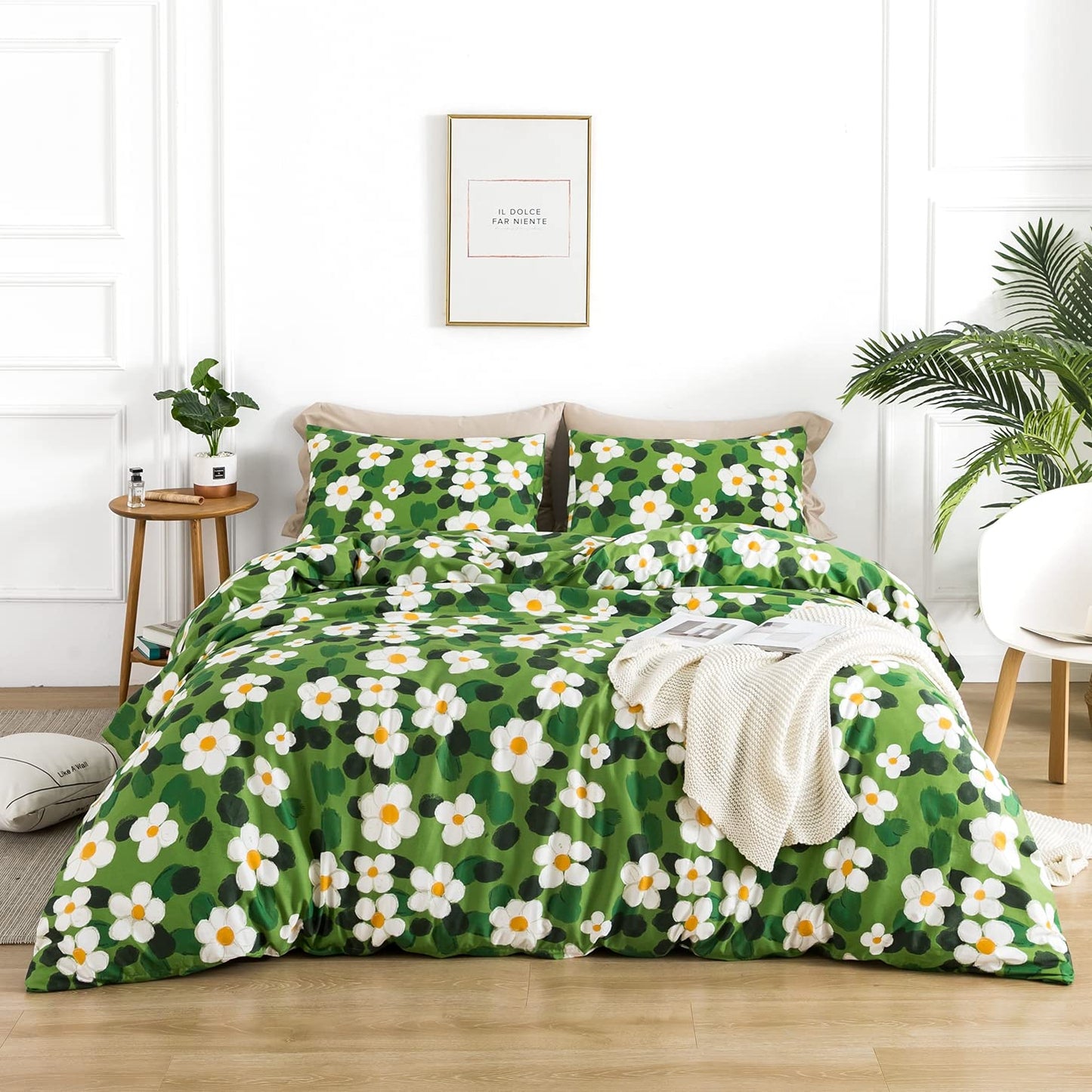 YuHeGuoJi Watercolor Flower Duvet Cover Queen 100% Cotton 3 Pcs Set 1 Sage Green Plant Duvet Cover with Zipper Ties 2 Pillowcases Garden Cute White Botanical Floral Bedding Set Soft