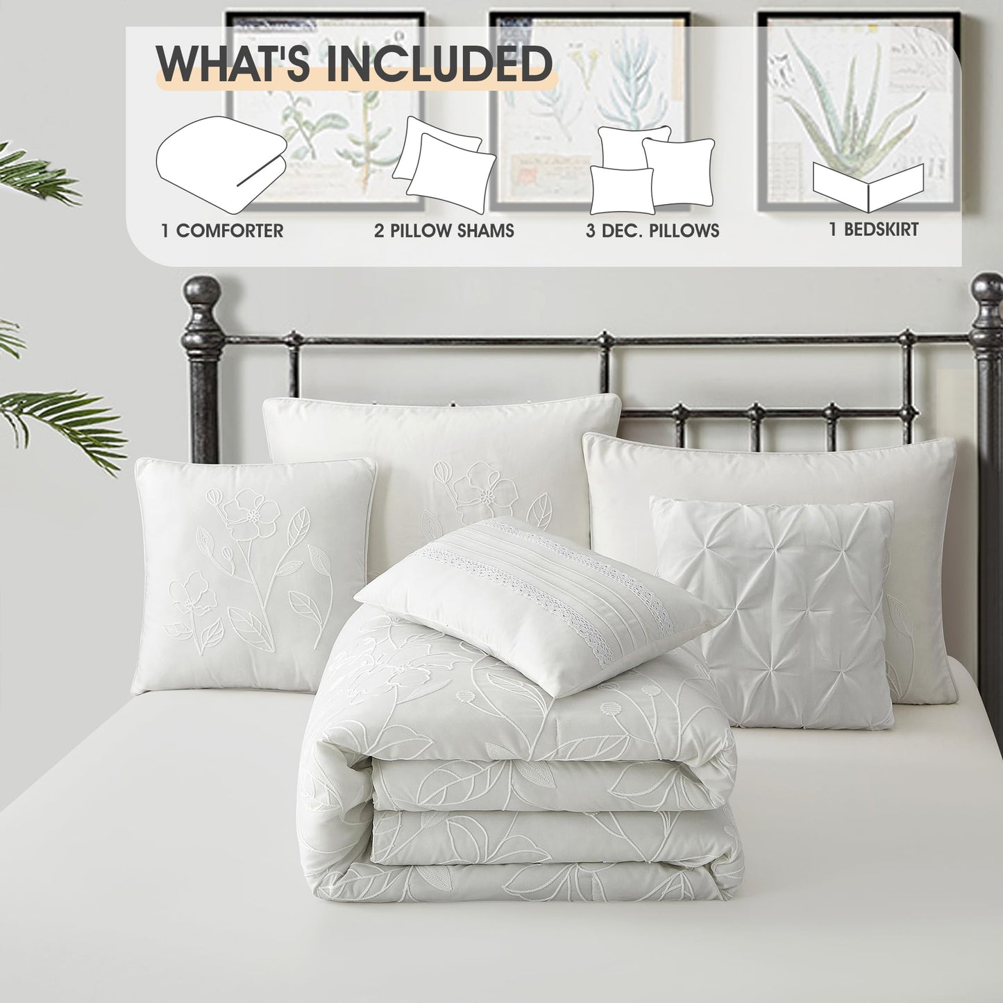 LANCO MODERN LIFESTYLE Blue Queen Comforter Set, Chain Stiching 3D Floral Embroidery, Exquisite and Elegant Bedding Sets, 7 Pieces Bed in a Bag, Bedskirt, Pillow Shams and Decor Pillows