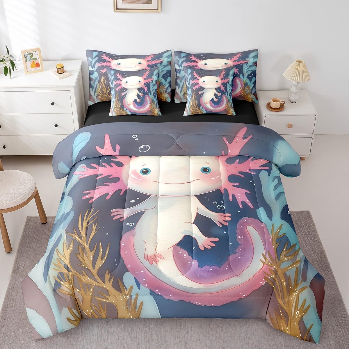 Erosebridal Cute Axolotl Kawaii Comforter Set 7 Piece Bed in a Bag Twin,Cartoon Walking Fish Bedding Sets Ocean Reptile Comforter and Sheet Set,Nautical Sea Animal Bed Set