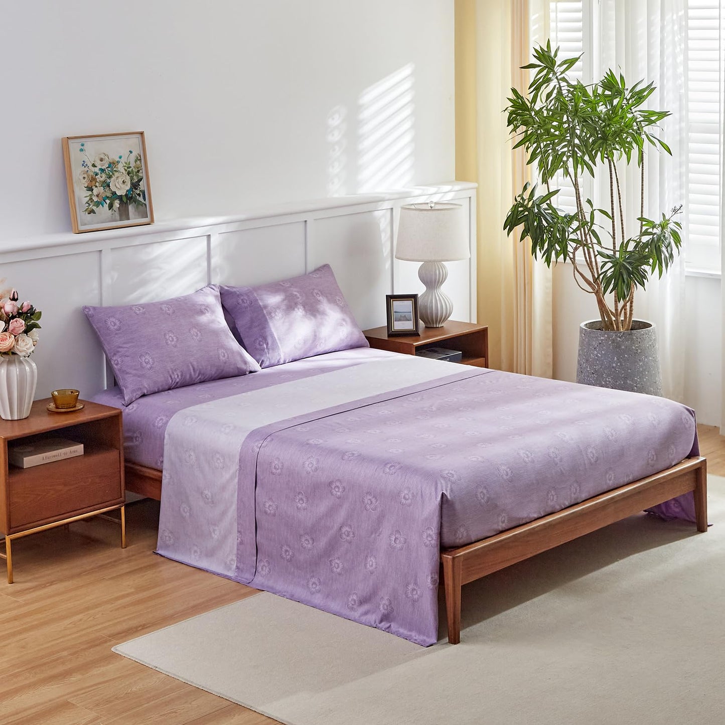 Purple Flower Bed in a Bag 7 Pieces Queen size Floral White Comforter Sheet Set Soft Microfiber Lightweight Summer Bed Set (1 Comforter 2 Pillow Shams 1 Flat Sheet 1 Fitted Sheet 2 Pillowcases)