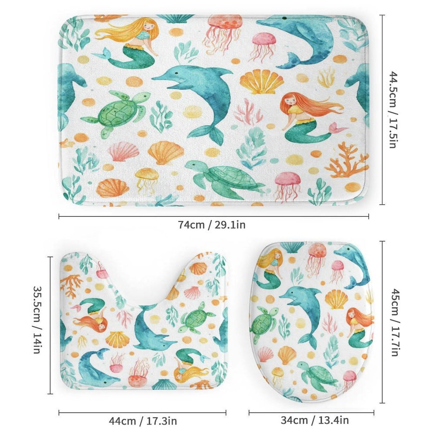 INSFBRB Cartoon Cute Dolphin Shower Curtain Sets with Rug,Toilet Lid Cover and Bath Mat,Watercolor Colorful Sea Dolphins Sea Turtle Jellyfish Seashell Mermaid 4 Piece Bathroom Set