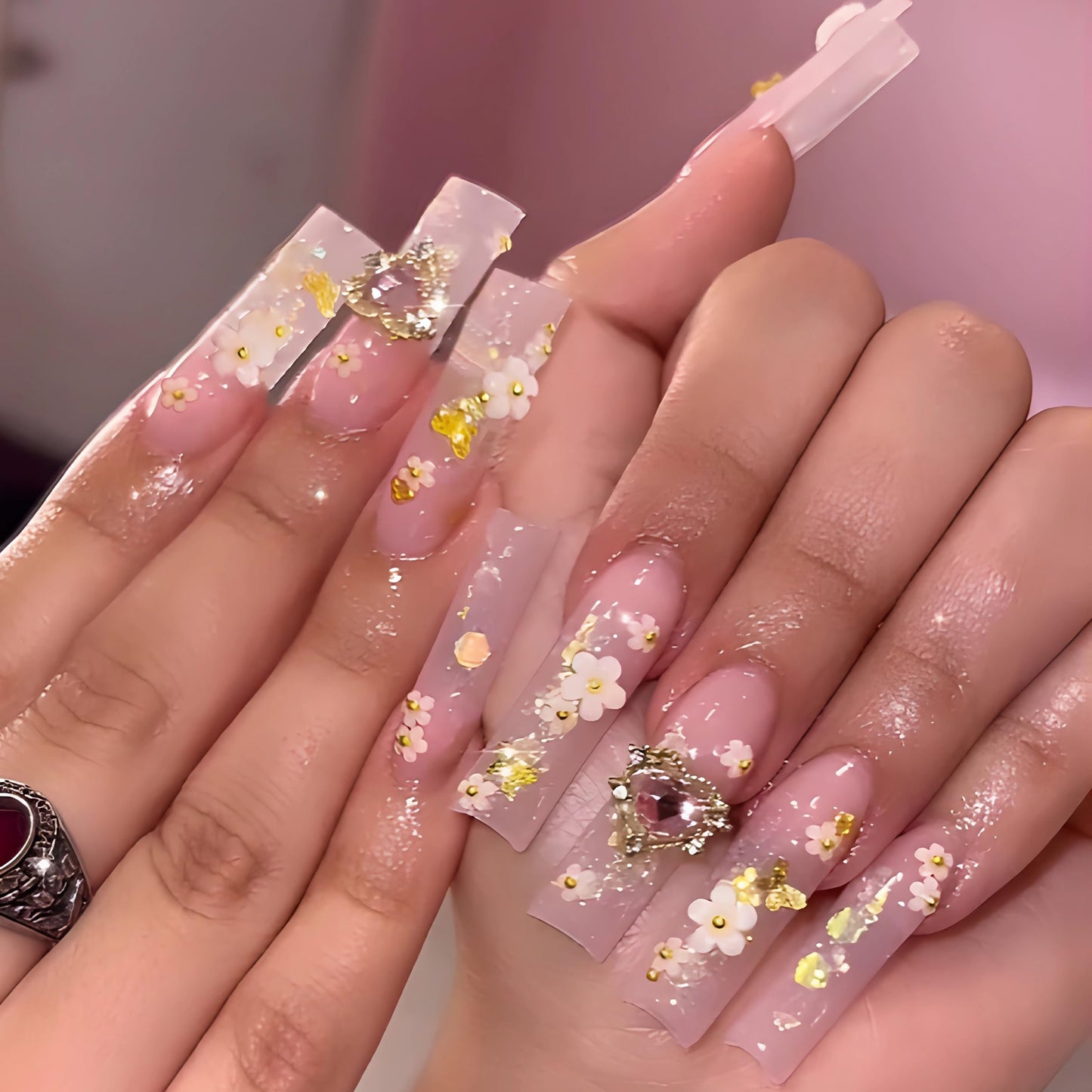 MERVF Long Press on Nails Square Fake Nails 3D Flower Glue ons Gold Butterfly Charms Squoval Acrylic Nail Glitter Manicure Glossy 24pcs