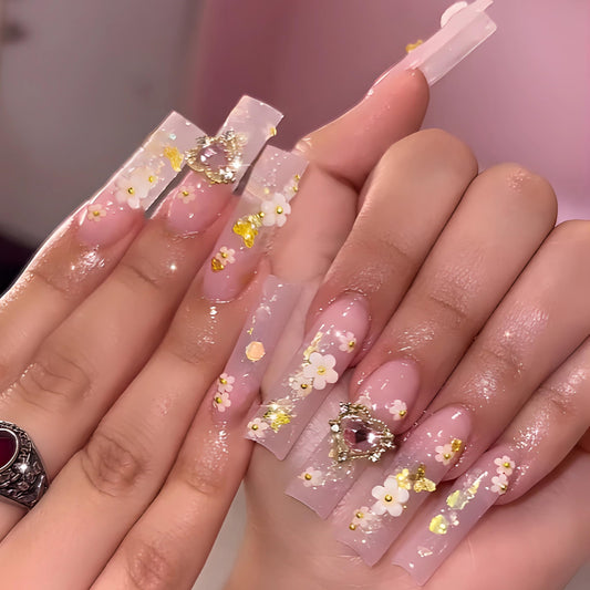 MERVF Long Press on Nails Square Fake Nails 3D Flower Glue ons Gold Butterfly Charms Squoval Acrylic Nail Glitter Manicure Glossy 24pcs