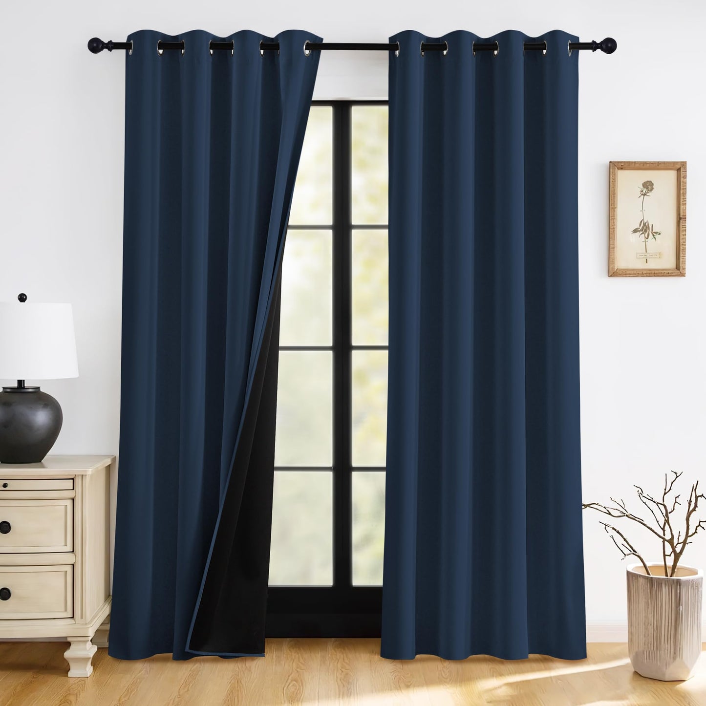 RYB HOME 100% Blackout Navy Blue Curtains for Living Room, Grommet Heat & UV Blocking Total Room Darkening Noise Reducing Curtains for Sunroom Nursery, 52 inches Wide by 84 inches Long