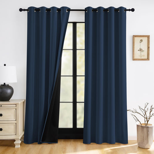 RYB HOME 100% Blackout Navy Blue Curtains for Living Room, Grommet Heat & UV Blocking Total Room Darkening Noise Reducing Curtains for Sunroom Nursery, 52 inches Wide by 84 inches Long