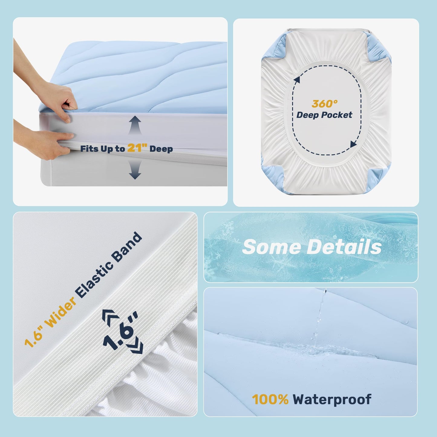 Unikome Ultra Soft Waterproof Mattress Pad King, Cooling Mattress Protector for Hot Sleepers, 5-Layers Noiseless Washable Mattress Cover with 8"-21" Deep Pocket (Light Blue, 78x80)