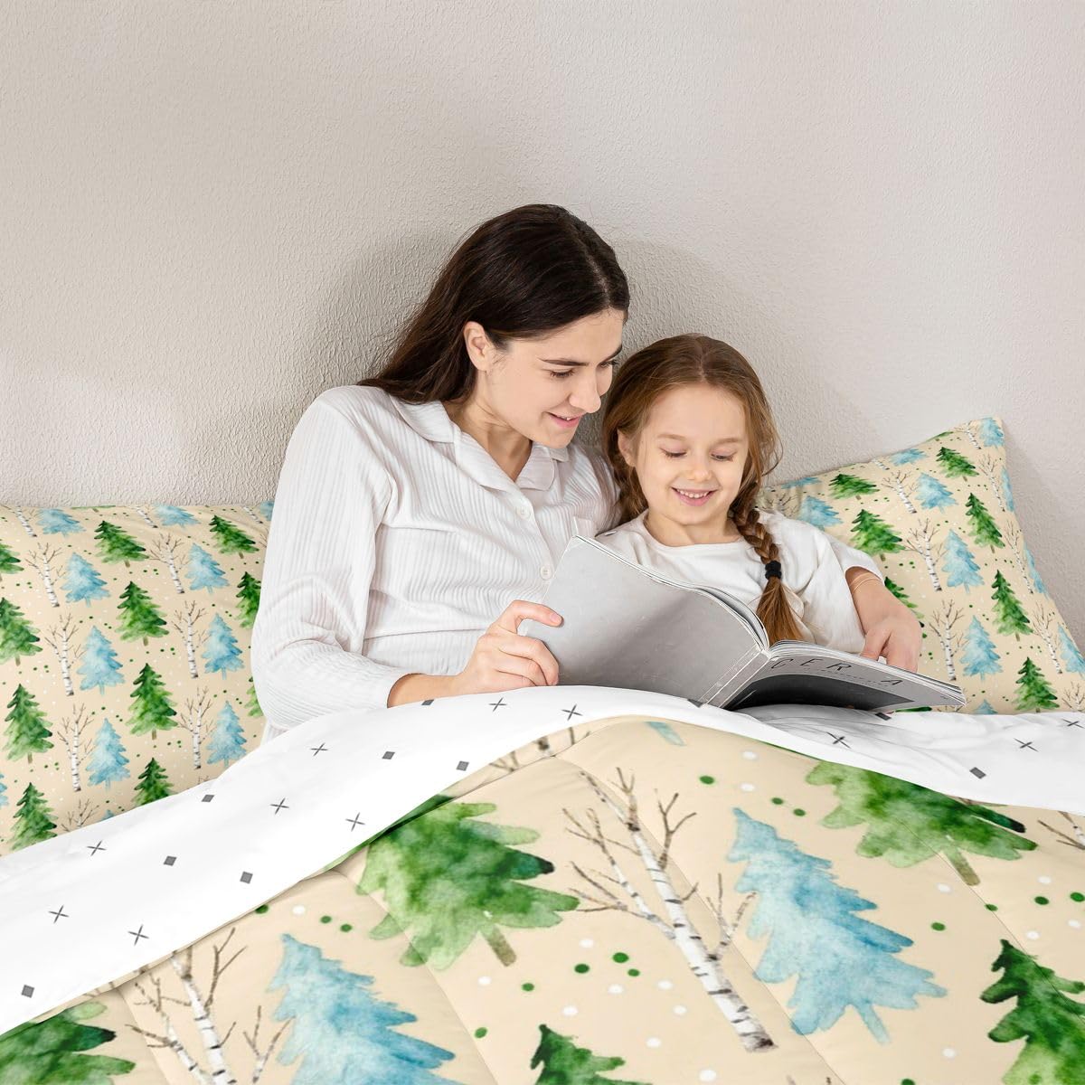 Erosebridal Pine Tree Comforter Set Spring Botanical Garden Full Size Bedding Sets for Young Boys | Christmas Trees Boho Plant Comforter Farmhouse Christmas Bed Set, Kawaii Room Decor Aesthetic