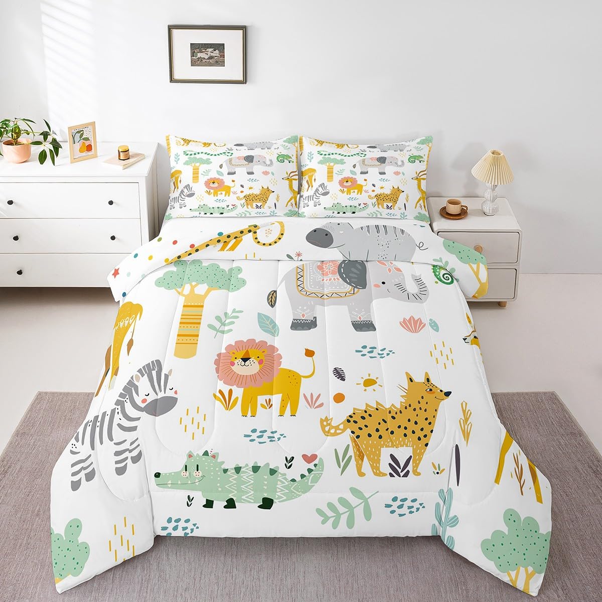 Feelyou Cartoon Animals Bedding Set Zoo Animal Comforter Set Wildlife Comforter for Women Men Room Decor Cute Lion Zebra Elephant Duvet Set King Size with 2 Pillow Case