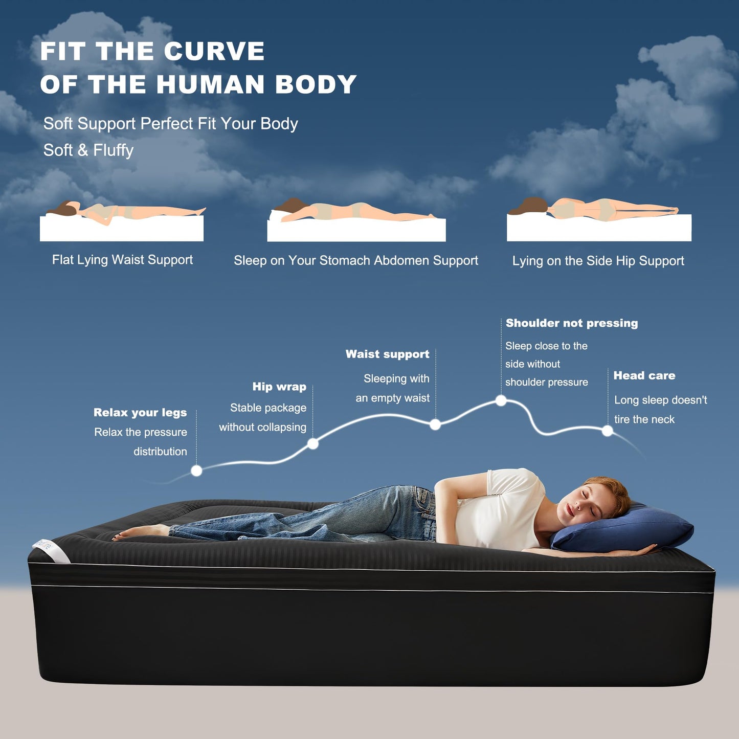 BEDLORE Queen Mattress Topper, Thick Pillow Top Pad for Back Pain Relief, Soft Mattress Cover with Deep Pockets 6-18 inch(Black)