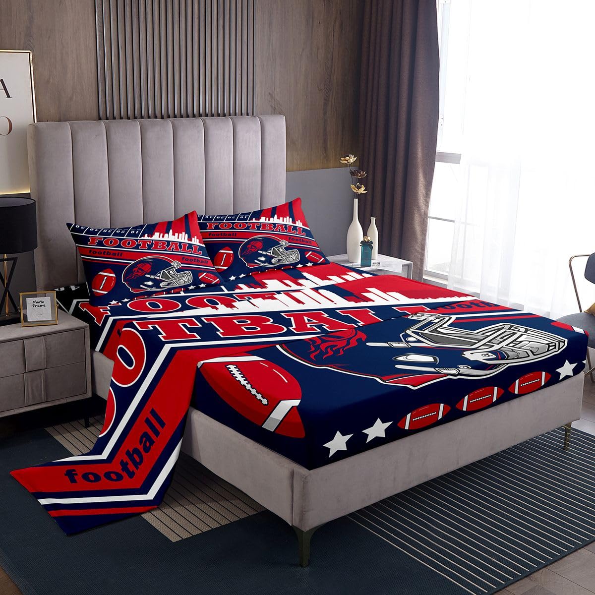 Feelyou Football Bed Sheets Set Boys Twin Size Women Men Rugby Sports Bedding Set Football City Fitted Sheet with 16 Inch Deep Pockets