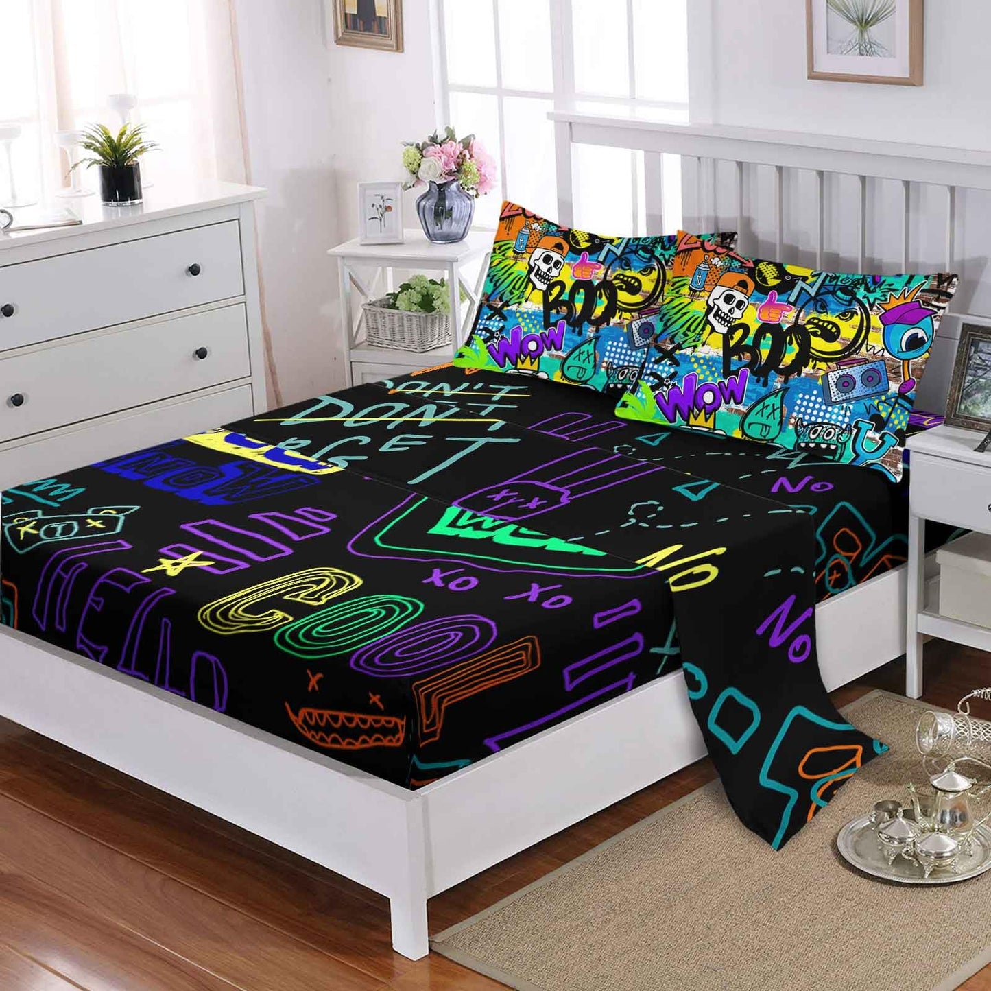 AILONEN Cartoon Skull Bedding Set Full Size 7Pcs - Hip Hop Graffiti Bed in a Bag Soft Microfiber,Colorful Comforter & Fitted Sheet & Flat Sheet & 2 Pillowcases,2 Pillow Shams