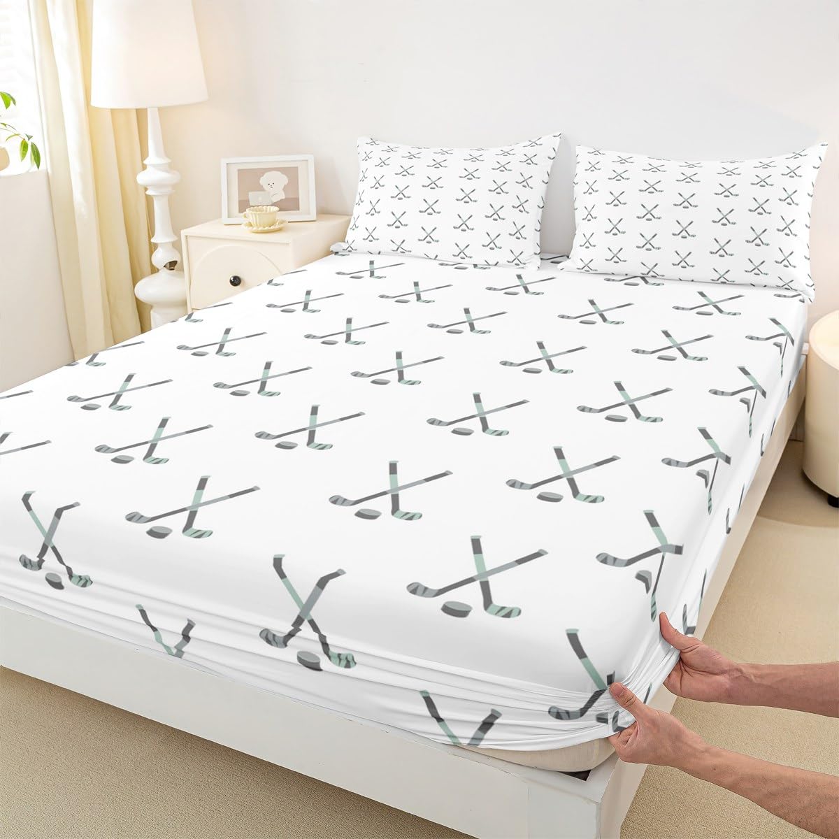 Feelyou Ice Puck Game Sheets for Girls Boys Kids Ice Hockey Bedding Set Sports Player Bed Sheet Set Hockey Sports Sheets with Deep Pocket Fitted Sheet Full 4Pcs