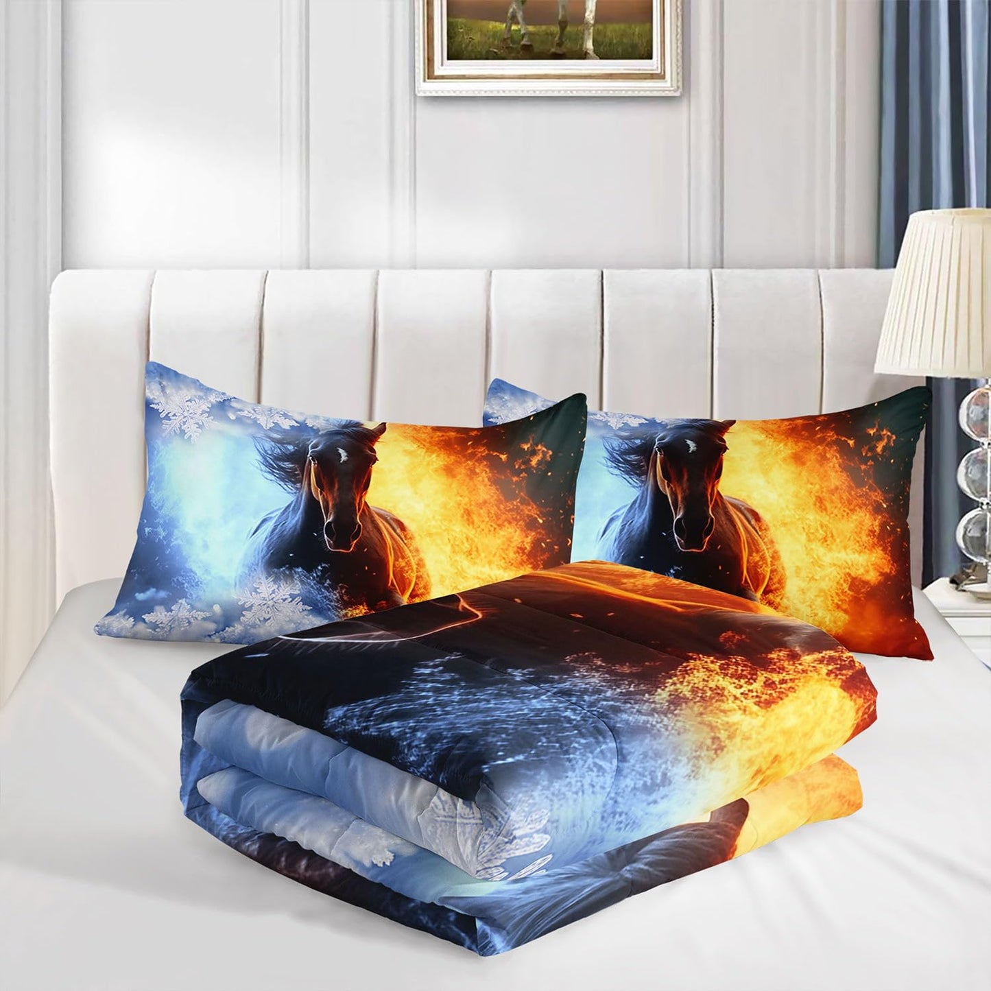 Smell Sunshine 3D Horse Comforter Set Fire Ice Printed Bedding Set with 1 Comforter and 2 Pillowcases for Boys and Girls Bedroom All Season(Horse Twin)