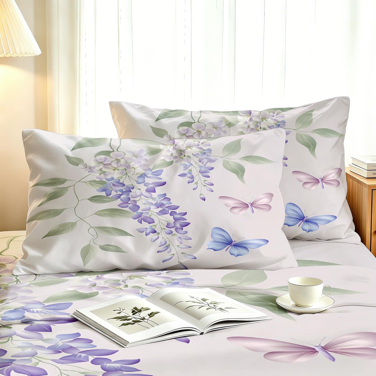 Wisteria Flower Sheet Set, 4 Pcs Queen Size Butterfly Bed Sheets