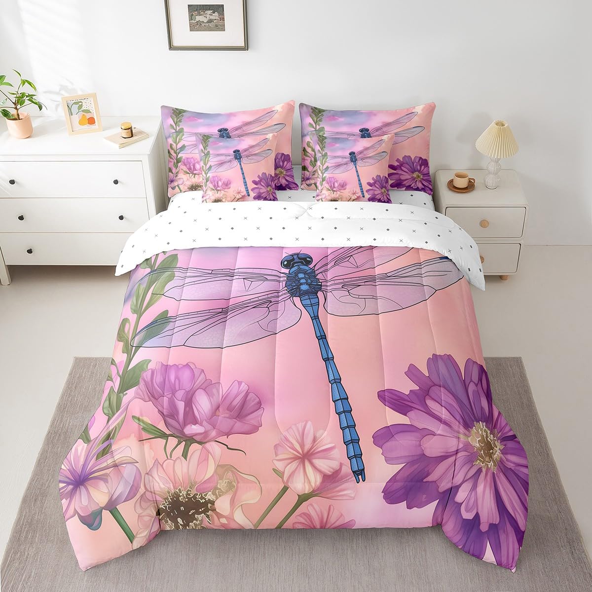 Erosebridal Dragonfly Full Size Bed Sheets and Comforter Set,Flowers 7 Piece Bedding Set Purple Tie Dye Dragonflies Bed in a Bag,Garden Rustic Aesthetic Animal Farmhouse Decor Bed Sets