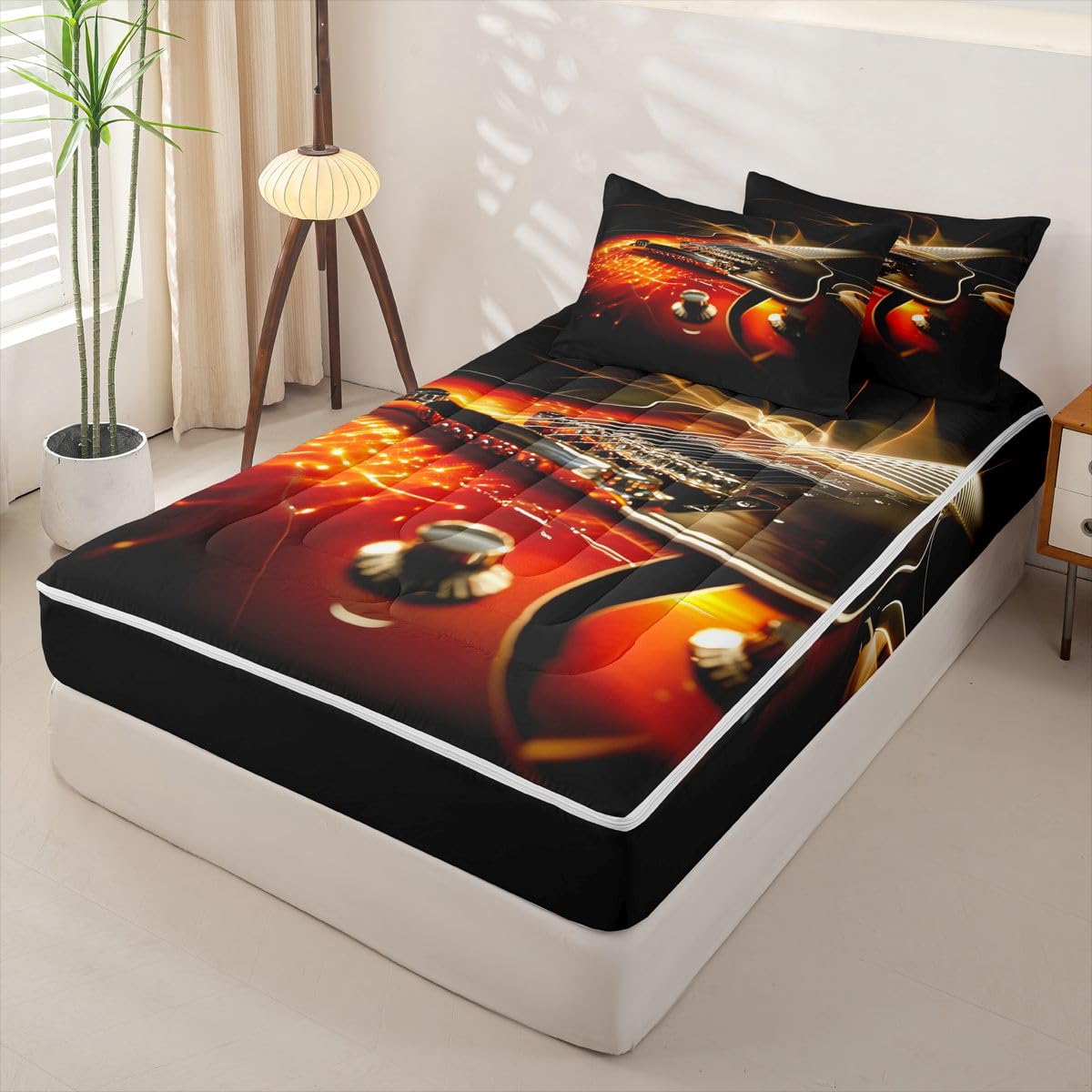 Erosebridal Guitar Zipper Comforter Set Twin 3D Bedding Set Electric Guitars Print Bed in a Bag Rock Music Theme Zippered Quilt Fitted Sheet,2 Pillowcases