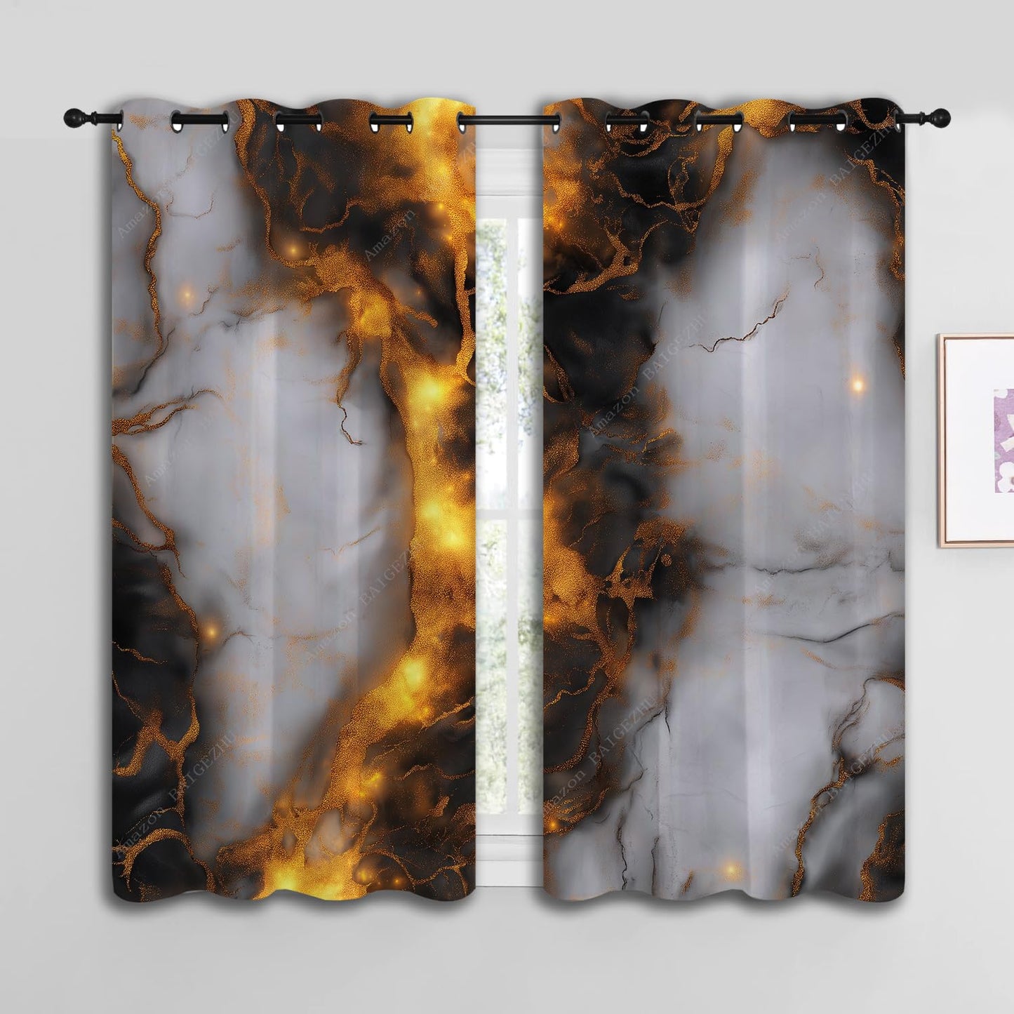 BAIGEZHU Black Gold Marble Boy Girls Blackout Curtains,Abstract Luxury Gold Glitter Veins Texture Modern Art, 2 Panel Grommet Thermal Insulated Drapes for Bedroom Living Kids Room Deco 42x45 inch